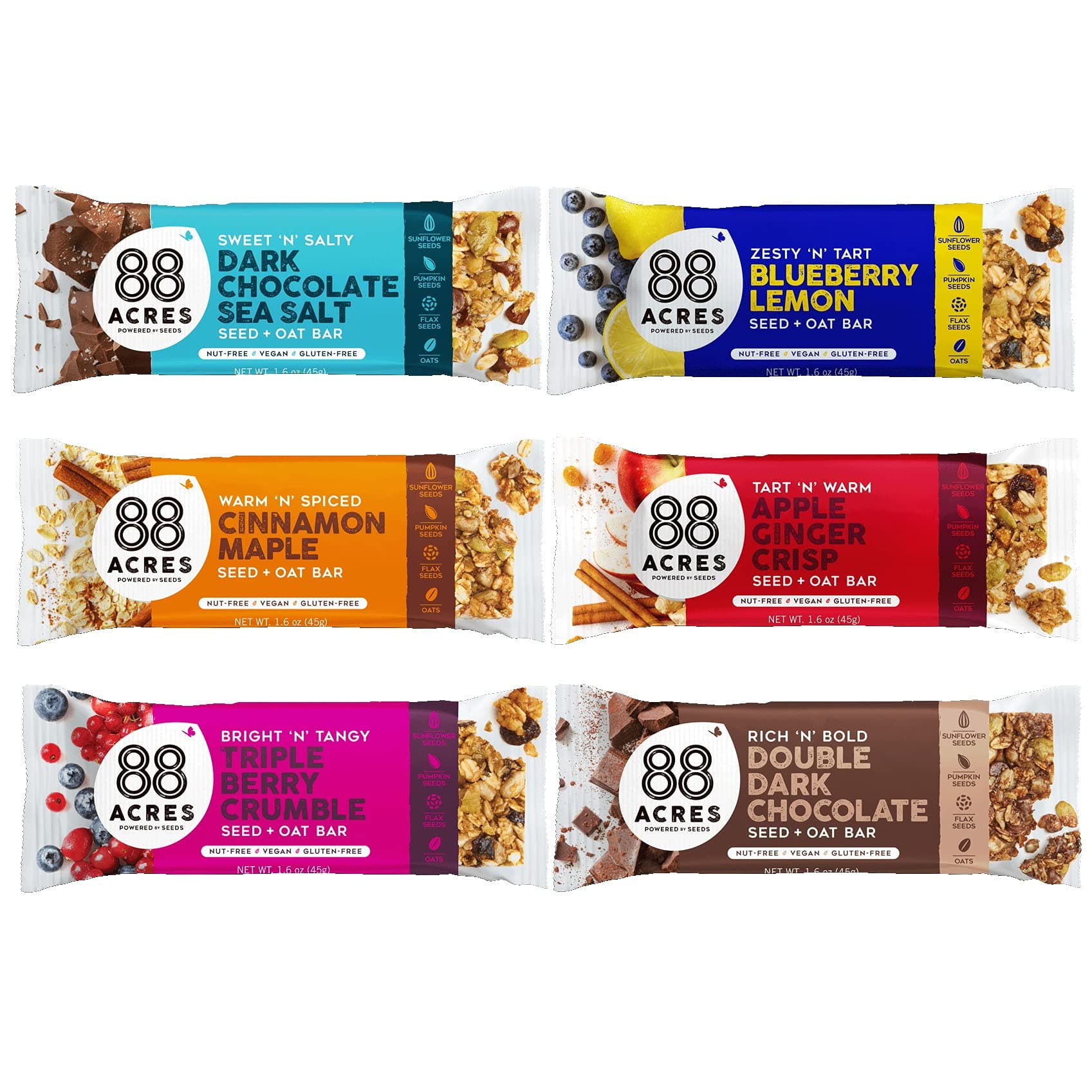 88 Acres Granola Bars Variety Pack, 6 Count, School Safe, Allergen Free Seed & Oat Snack Bar, Gluten & Nut Free, Vegan, Non-GMO & Kosher, Individually Wrapped