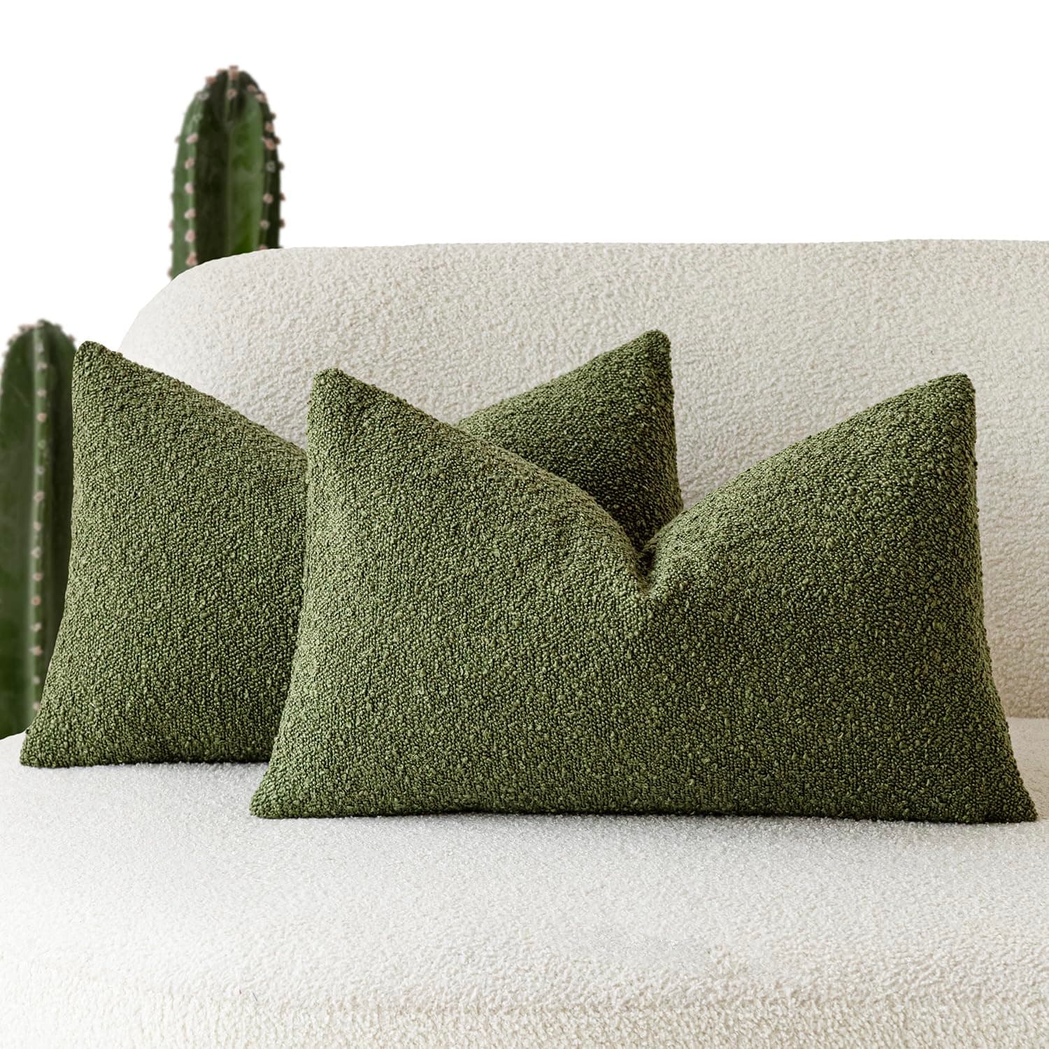 Pack of 2 Modern Textured Boucle Throw Pillow Covers Accent Solid Decorative Lumbar Pillow Cases Cozy Couch Cushion Case for Chair Sofa Bedroom Living Room Home Decor, 12 x 20 Inch,Green