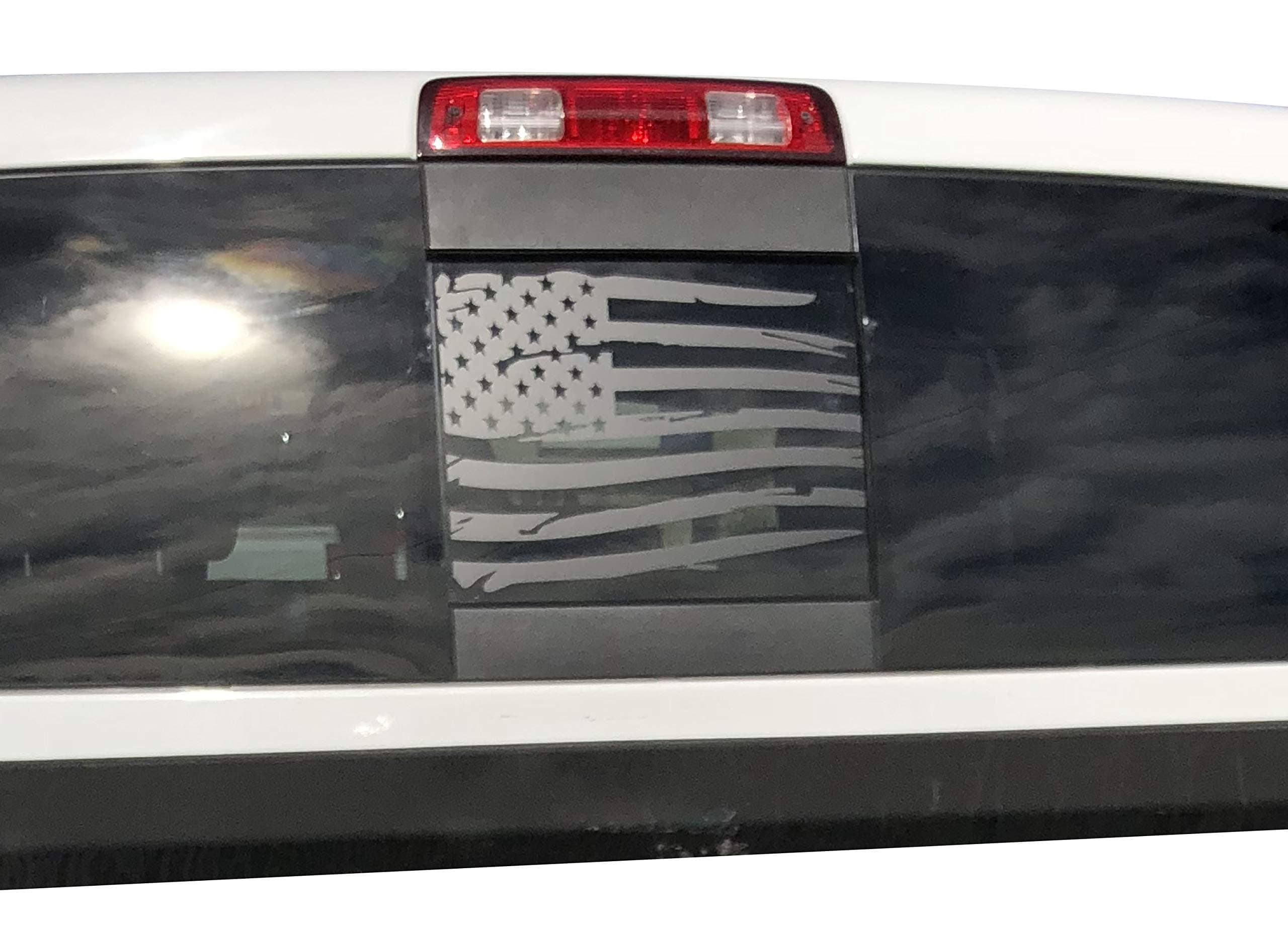 ELEVATED AUTO STYLINGLLC- Compatible with Dodge RAM Back Middle Window Distressed American Flag 2009-2023 (Black)
