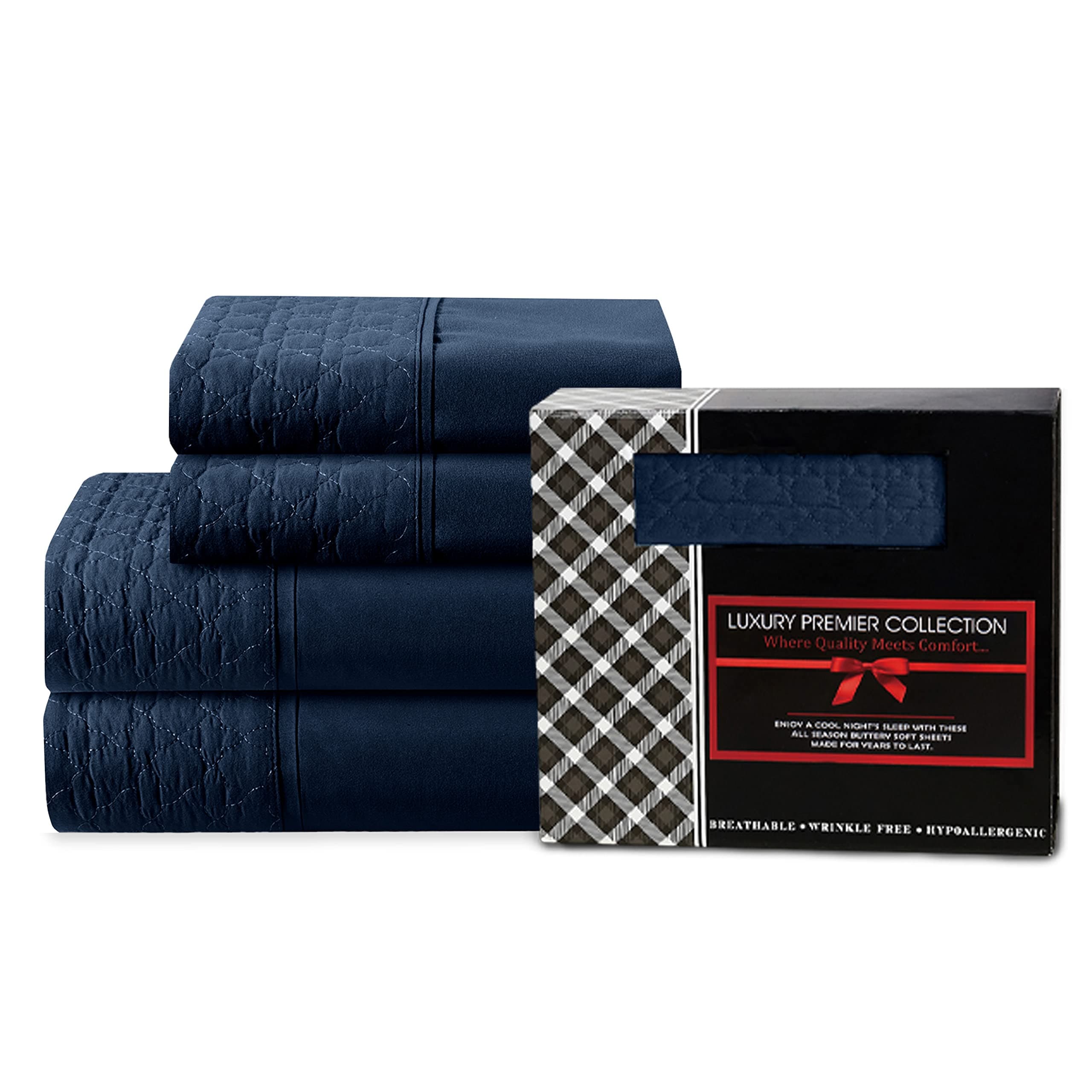 Luxurious 4-Piece Quilted Bed Sheet Set - Gift Box - 1500 Thread Count Egyptian Quality Softness - Wrinkle Resistant - All Around Elastic Fitted Sheet, Deep Pocket, Queen, Navy Blue