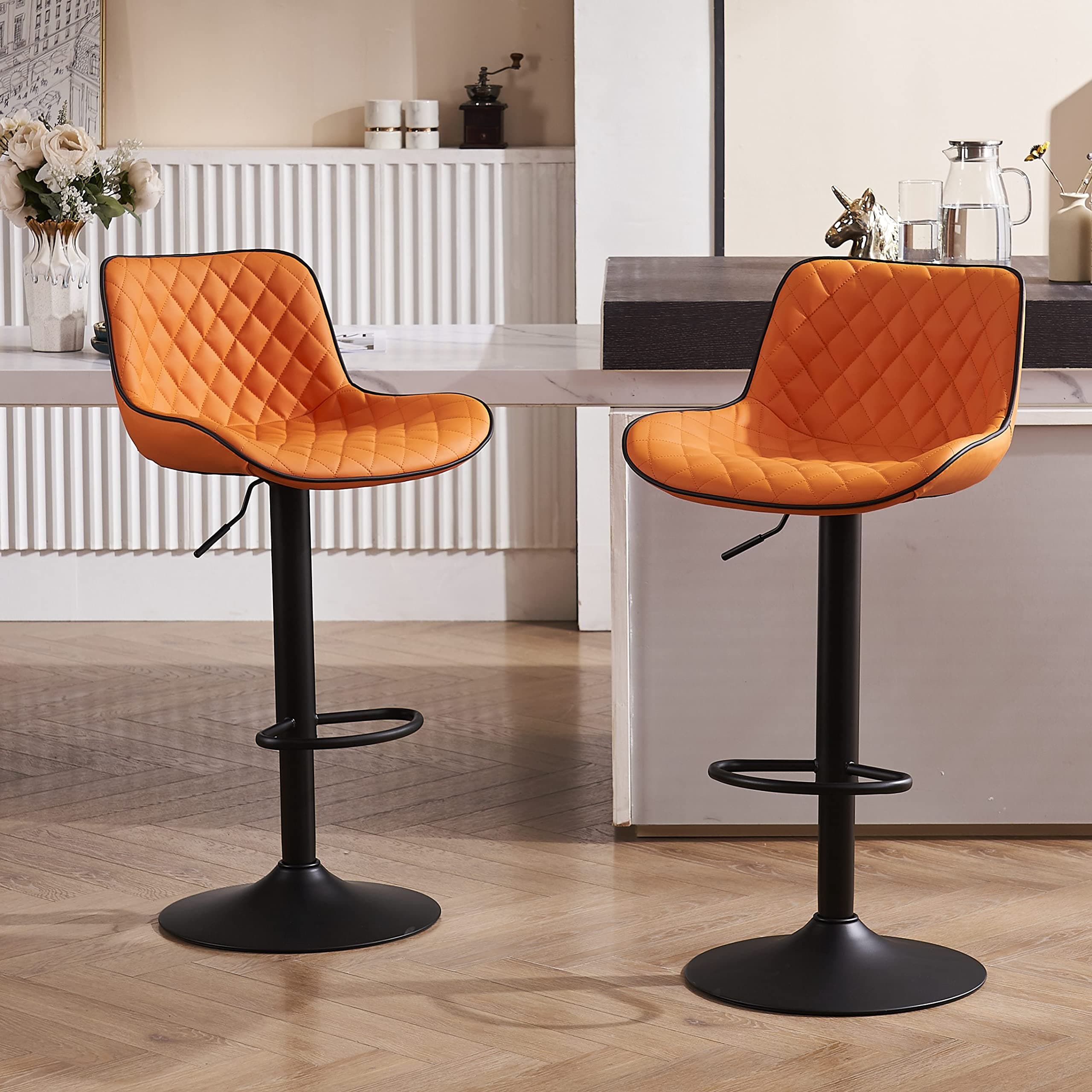 YOUTASTE Orange Black Bar Stools Set of 2, Adjustable Counter Height Swivel Barstools with Faux Leather & Metal Legs, 300 lbs Capacity, Mid-Century Modern Style for Kitchen Island, Home & Restaurant