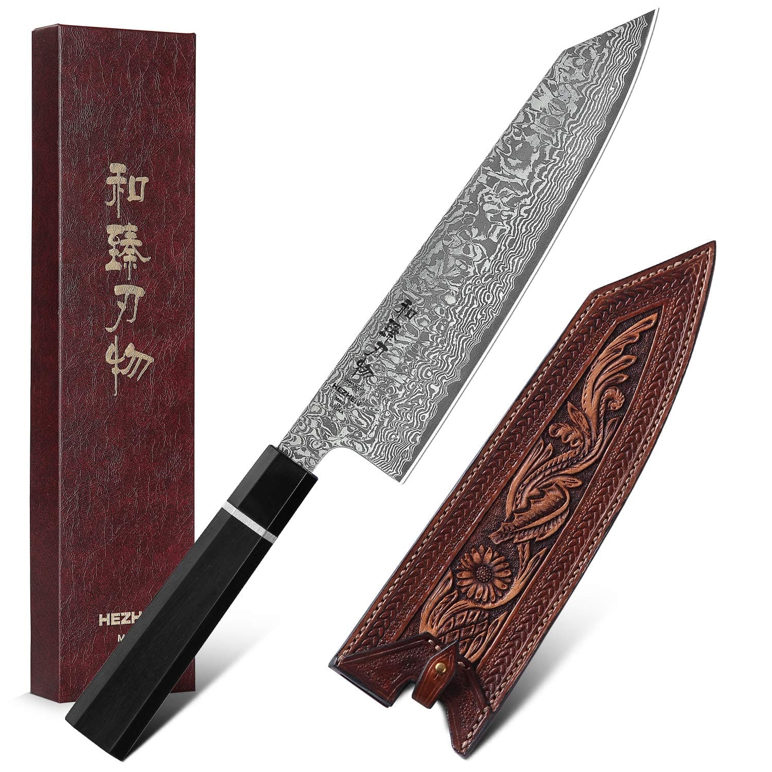HEZHEN Kiritsuke Chef Knife 8.3 Inch 67 Layer Forged Damascus Steel Kitchen Knife Professional Cooking Knife, Ergonomics Octagonal Ebony Wood Handle, Superior Vegetable Tanned Leather Sheath