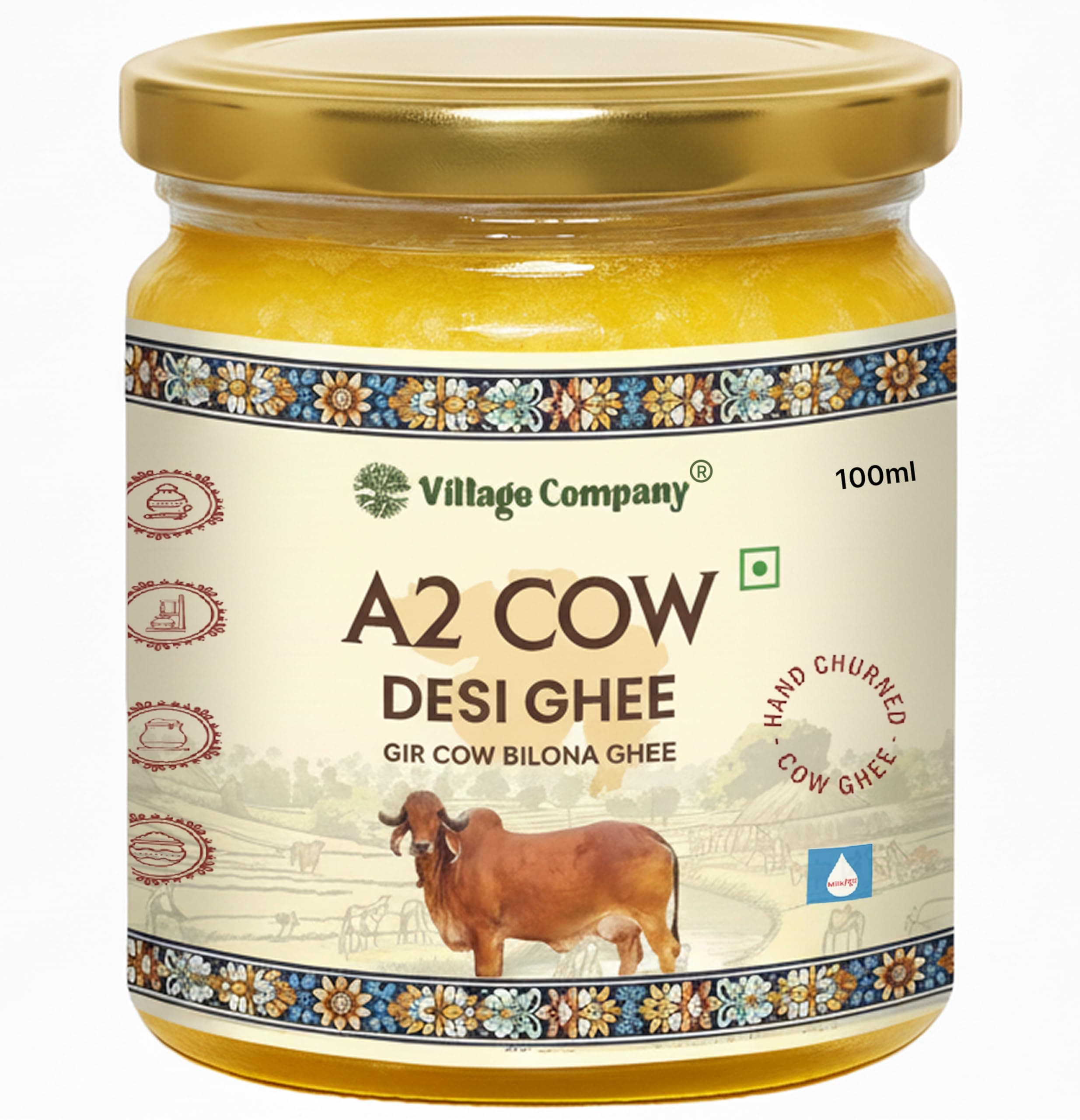 A2 Cow Desi Ghee 100ML | Gir Ghee Vedic Bilona Method | Organic Pure Natural | Two Way Curd Churned - Best Farm Fresh Grass Fed Cattle Milk | India Lab Certified | Glass Jar 100 ML