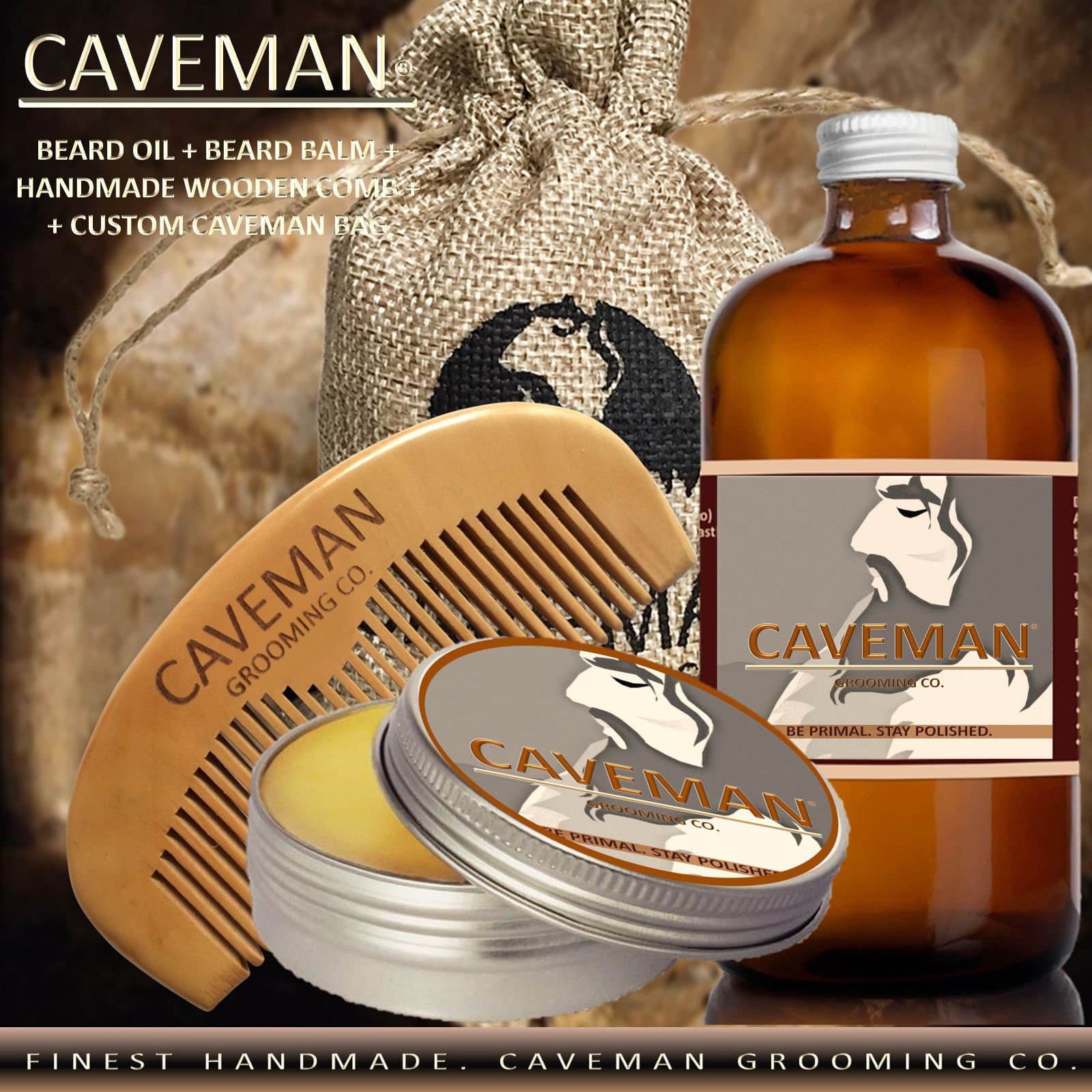 Caveman Beard Oil and Beard/Mustache Balm Wax, Handmade Comb Set in Island Breeze Scent 1oz oil,1oz balm, comb