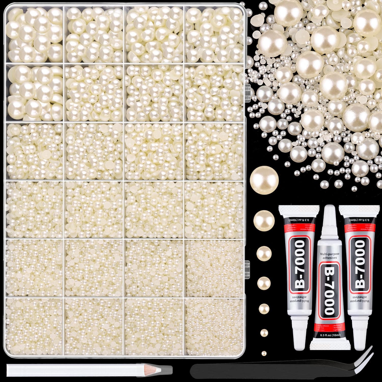 13000Pcs Flatback Pearls for Crafting (Ivory White/Beige), Assorted Size 2/3/4/5/6/8/10mm Half Pearl with 3Pcs 10ml B7000 Jewelry Glue, Bedazzling Bead for DIY Crafts Clothing Tumblers Shoes Nail Art