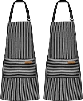2 Pack Kitchen Cooking Aprons, Adjustable Bib Soft Chef Apron with 2 Pockets for Men Women (Black Pinstripes)