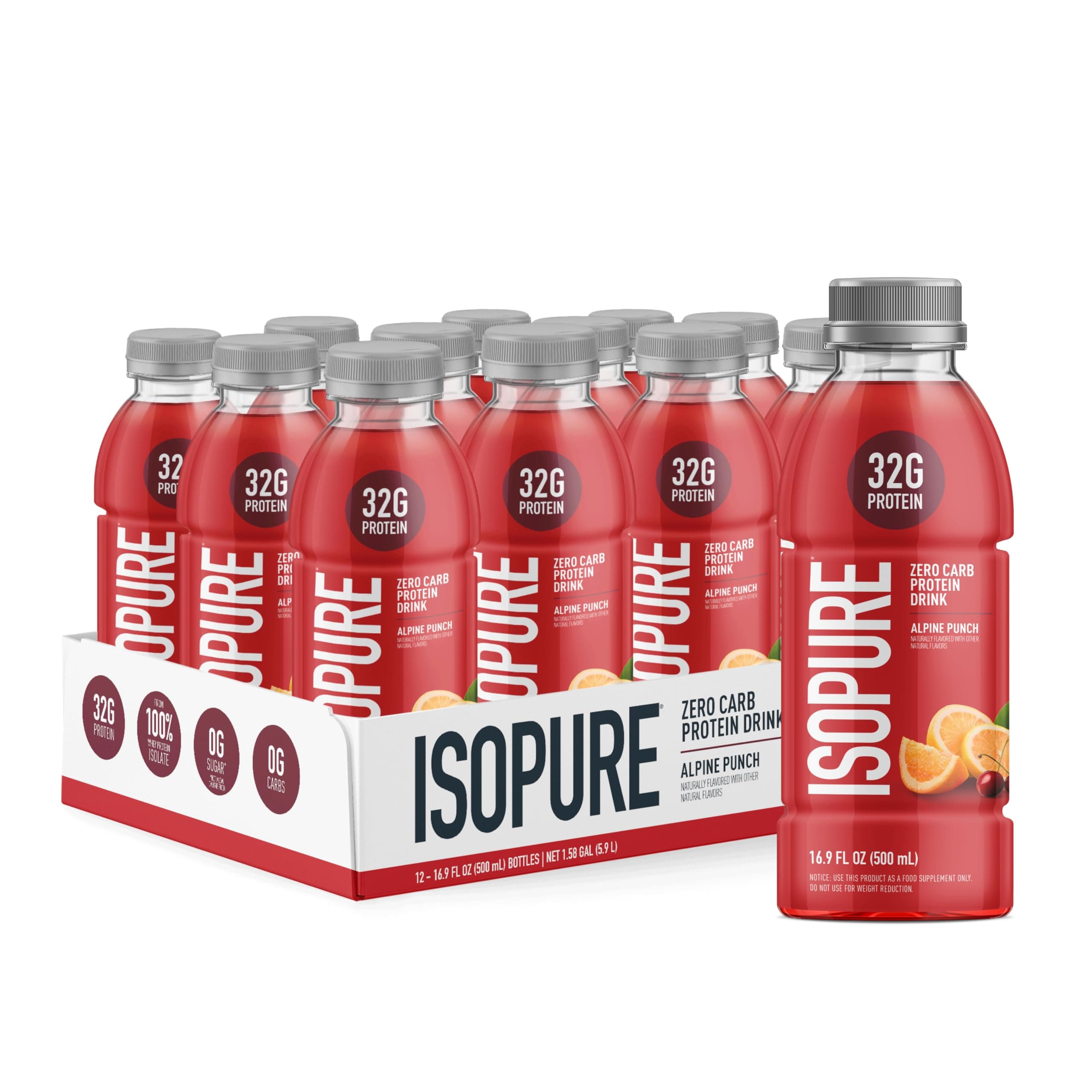 32g Whey Protein Isolate Drink, Alpine Punch – Zero Carb, Zero Sugar, Keto Friendly, Lactose Free, Gluten Free, Ready-to-Drink, 16.9 fl oz Bottles (12 Pack)