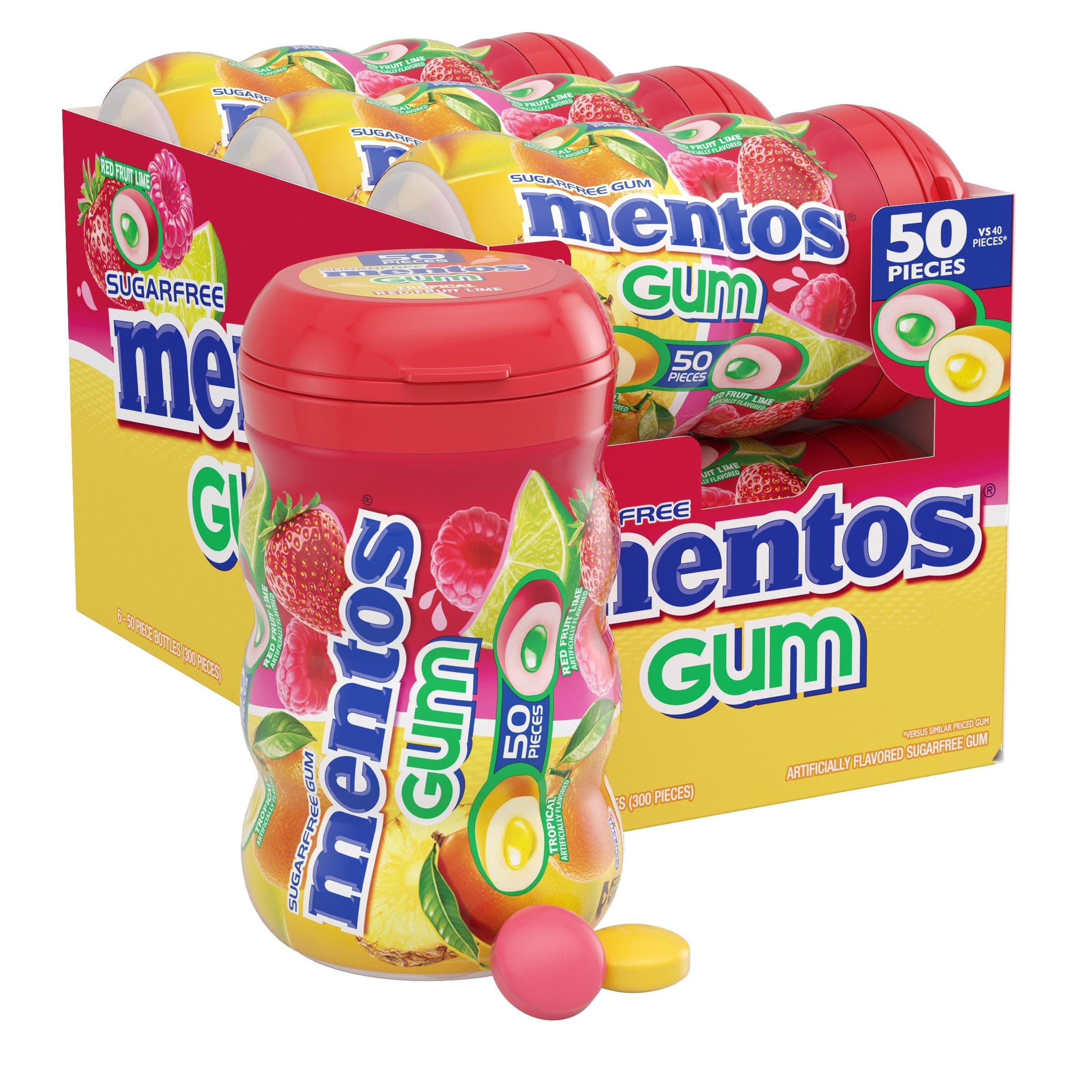 Mentos Gum Big Bottle Curvy Chewing Gum, Red Fruit & Lime Tropical, 6 Count