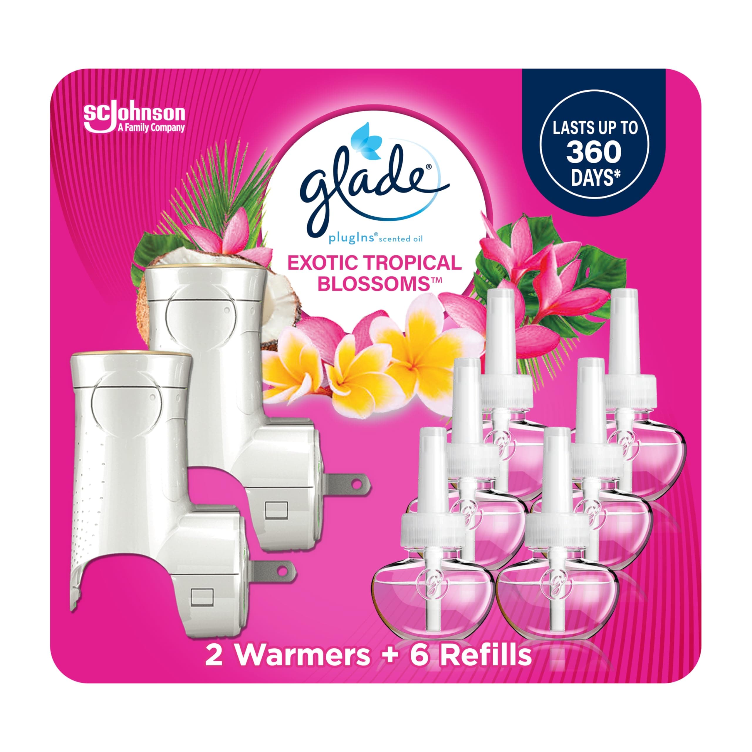 Glade PlugIns Refills Air Freshener Starter Kit, Scented and Essential Oils for Home and Bathroom, Tropical Blossoms, 4.02 Fl Oz, 2 Warmers + 6 Refills