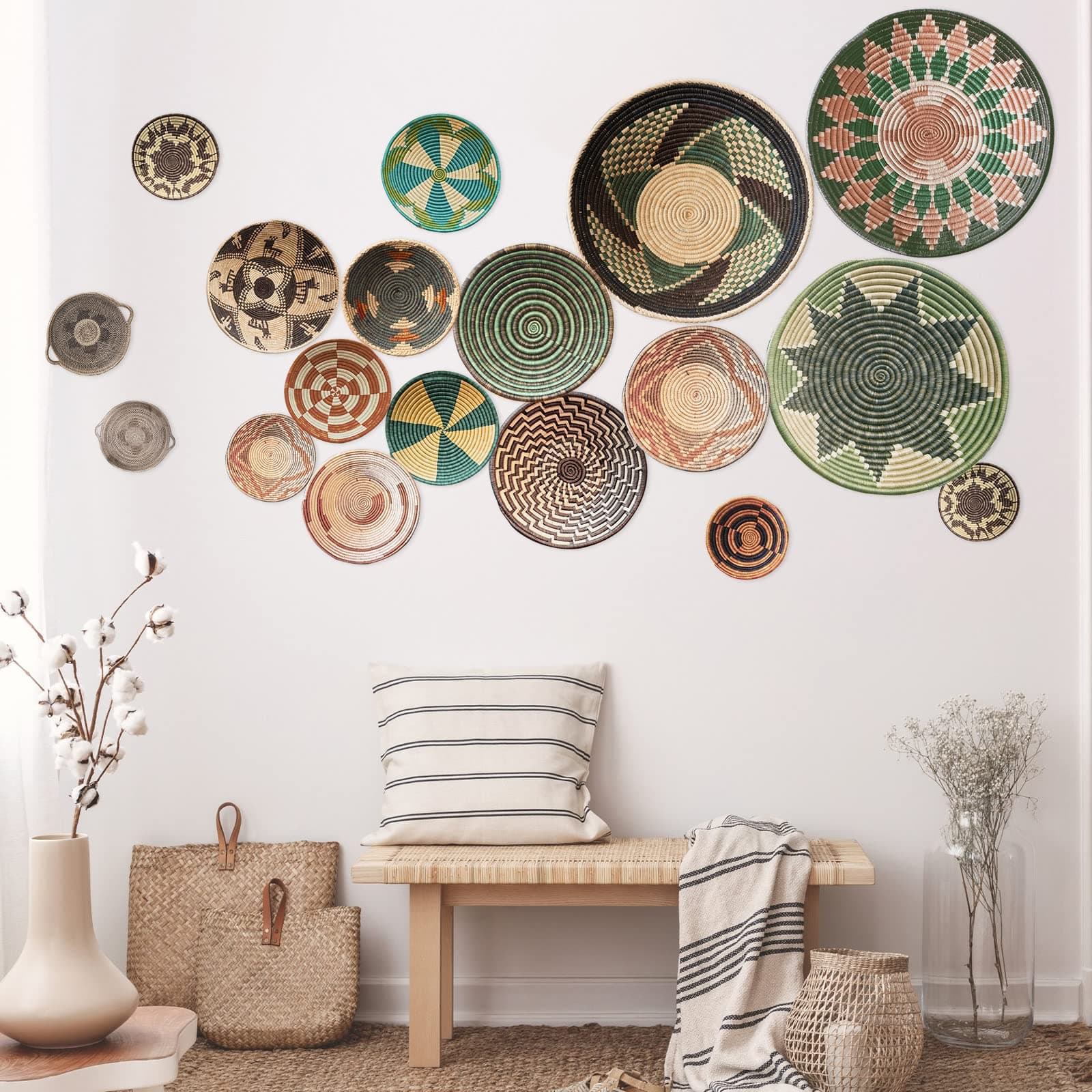 Glenmal 18 Pcs Boho Basket Wall Decals Round Wall Sticker Modern Decor Peel and Stick Decor Sticker Removable Boho Stickers Rustic Art for Bedroom Office, Kitchen, Living Room, Nursery
