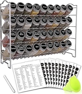 Spice Rack Organizer with 36 Empty Square Spice Jars, 396 Spice Labels with Chalk Marker and Funnel Complete Set, for Countertop, Cabinet or Wall Mount,Silver