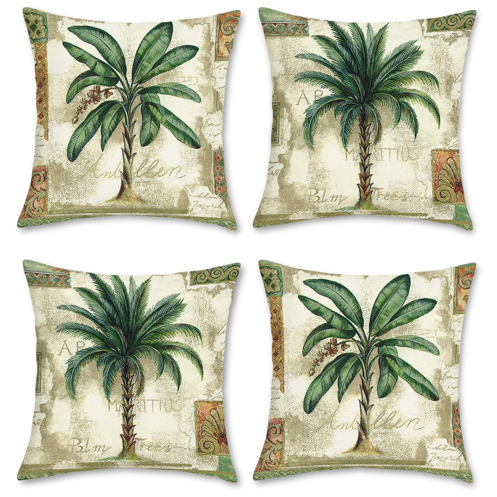 Bonhause Tropical Palm Tree Cushion Covers 45 x 45 cm Green Leaves Vintage Decorative Throw Pillow Covers Polyester Linen Pillowcases for Sofa Patio Outdoor Home Decor Set of 4