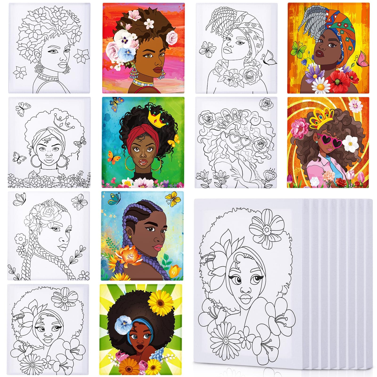 12 Pcs Pre Drawn Outline Canvas 10 x 8 Inch, Pre Drawn Stretched Canvas Painting Boards for Painting Art Party Favor for Adult Student Kids DIY Painting (African Queen)