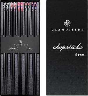 GLAMFIELDS 5 Pairs Premium Chopsticks Reusable Dishwasher Safe 9.5 Inch Fiberglass Chop Sticks Gift Set Hexagon Black Non Slip with the Printed Tops