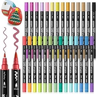 Shuttle Art Dual Tip Metallic Acrylic Paint Pens, 28 Colours Fine & Brush Paint Marker Pens, Paint Pens for Rock Painting, Ceramic, Wood, Fabric, Art Marker Pen Set for Adults on Christmas Easter