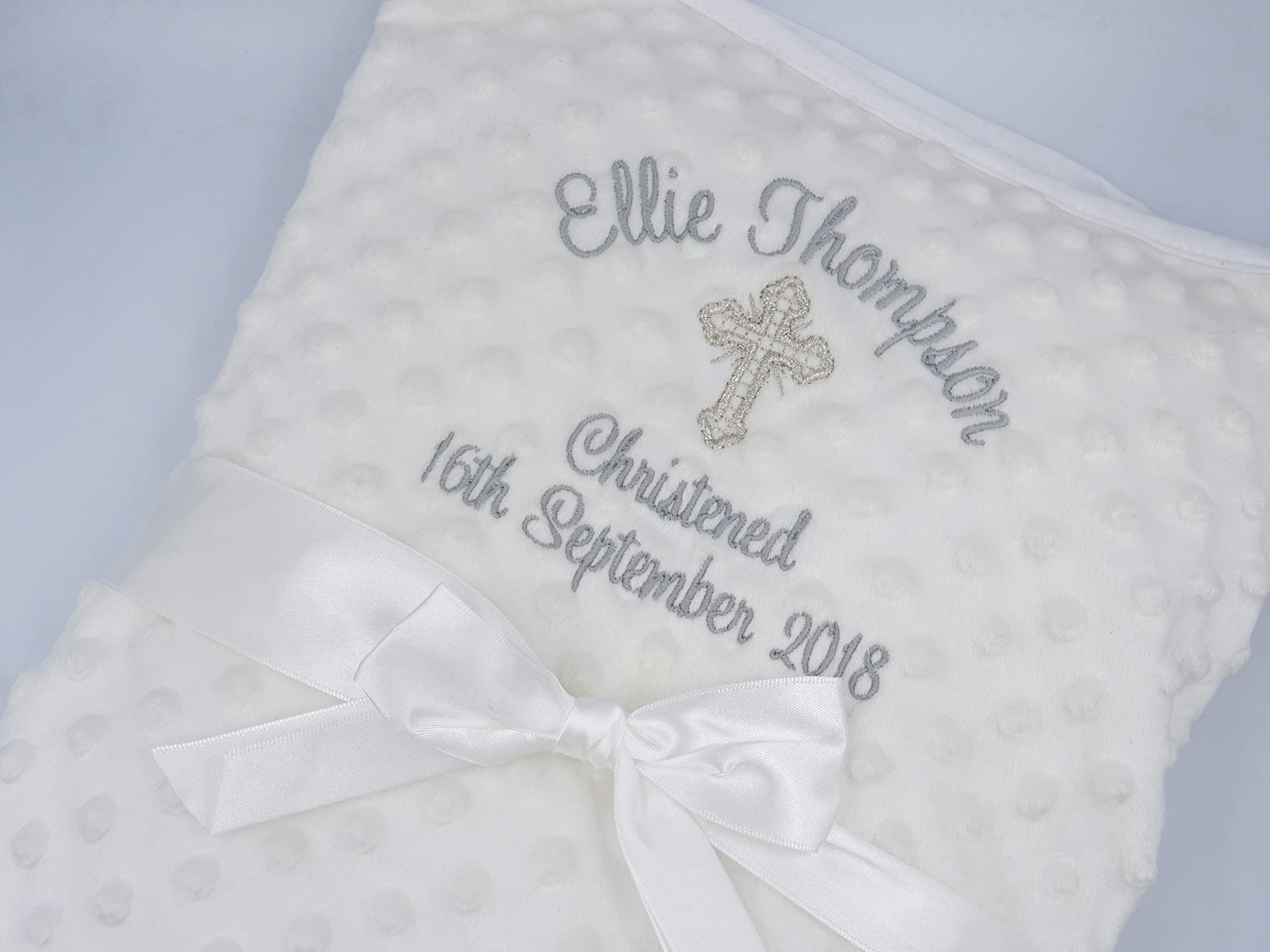 Personalised Baby Christening/Baptism/Naming Day Shawl or Blanket Embroidered with **Full Name** and **Date** with Cross (White Blanket)