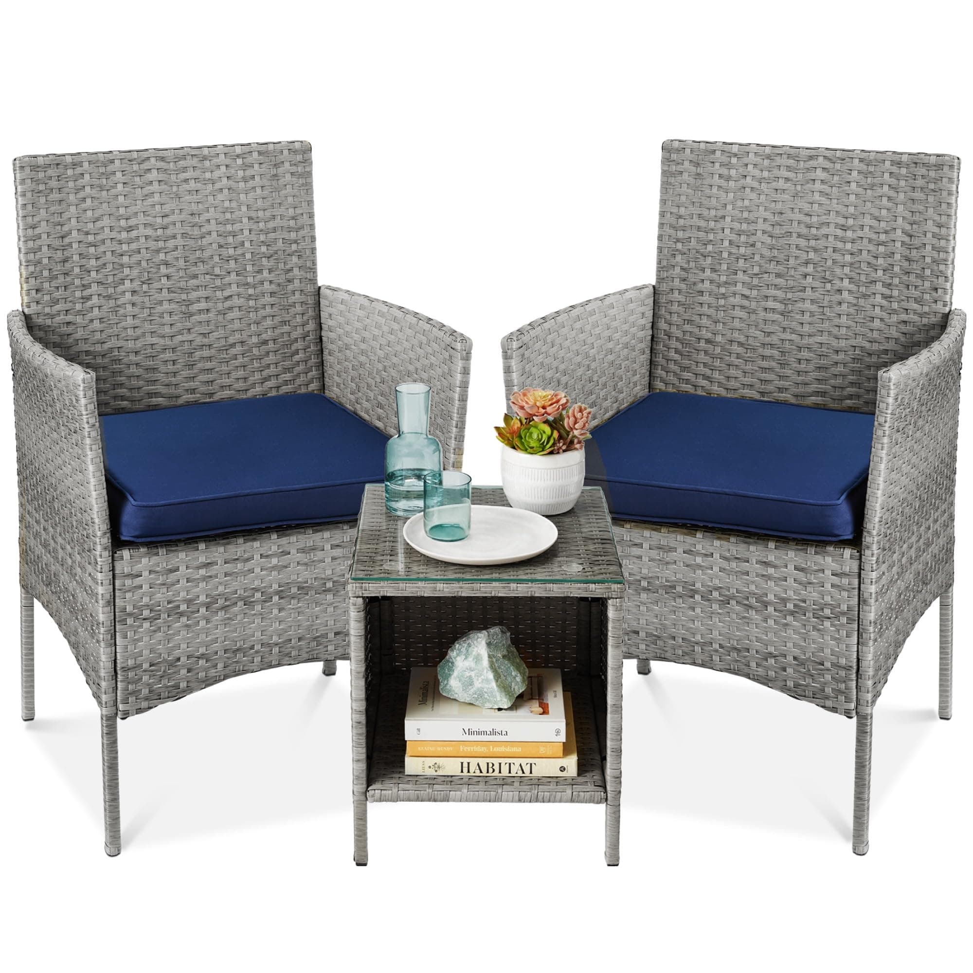 3-Piece Outdoor Wicker Conversation Bistro Set, Space Saving Patio Furniture for Garden w/Side Table - Gray/Navy