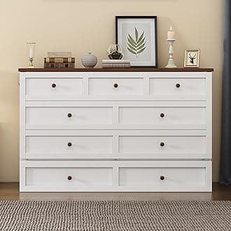 MERITLINE Solid Pine Queen Murphy Bed with Storage Drawer and Charging Station,Wood Folding White Murphy Chest Bed Cabinet for Adults