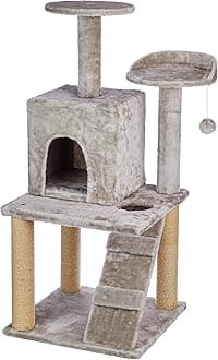 Amazon Basics Large Cat Tree with Scratching Posts, Balls, Stairs and House | 48.5 x 45.5 x 106.5 cm | Grey