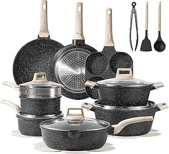 CAROTE 21pcs Cookware Set, Pots and Pans Set Nonstick, Black Granite Induction Cookware Kitchen Cooking Set w/Frying Pans & Saucepans(PFOS, PFOA Free)