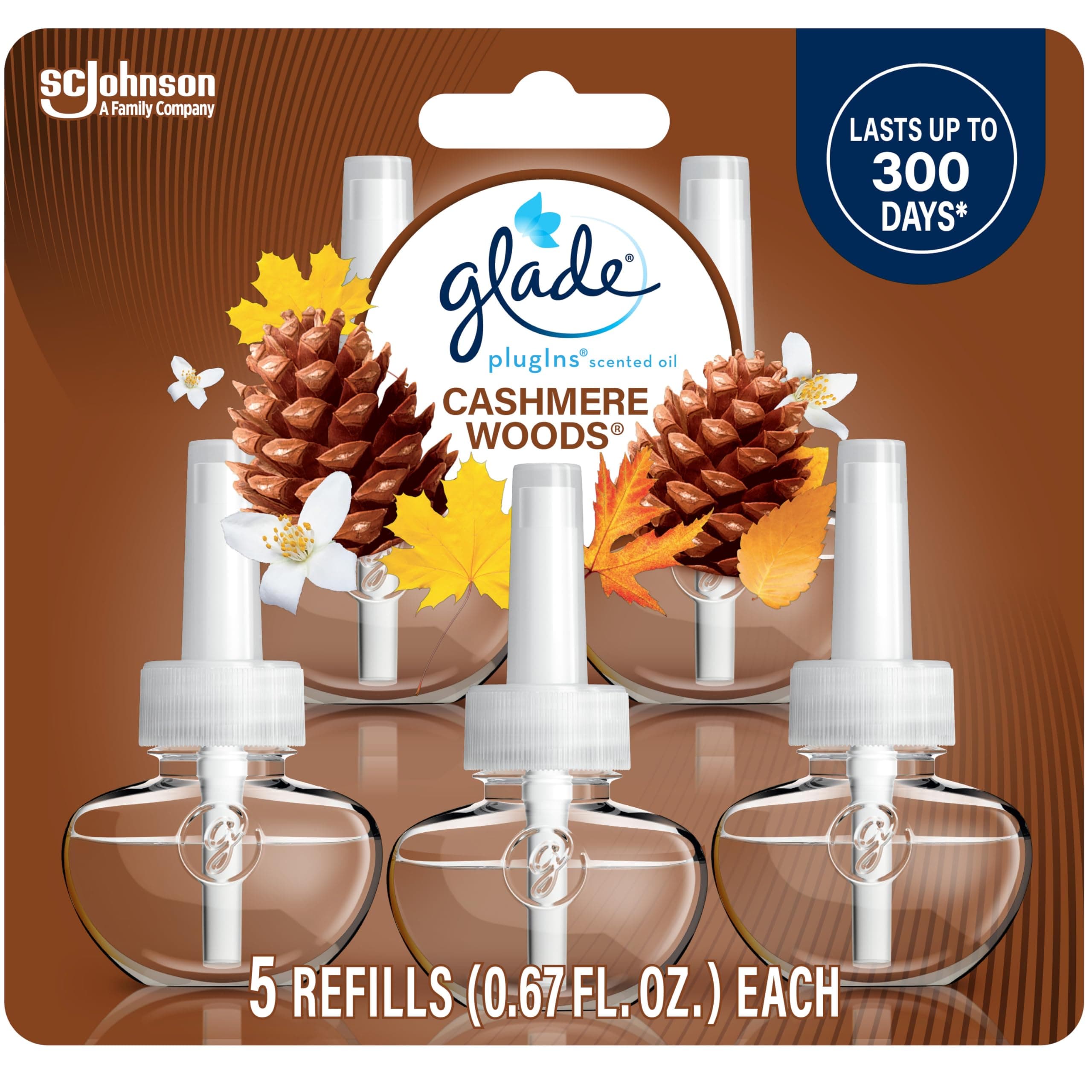 Glade PlugIns Refills Air Freshener, Scented and Essential Oils for Home and Bathroom, Cashmere Woods, 3.35 Fl Oz, 5 Count
