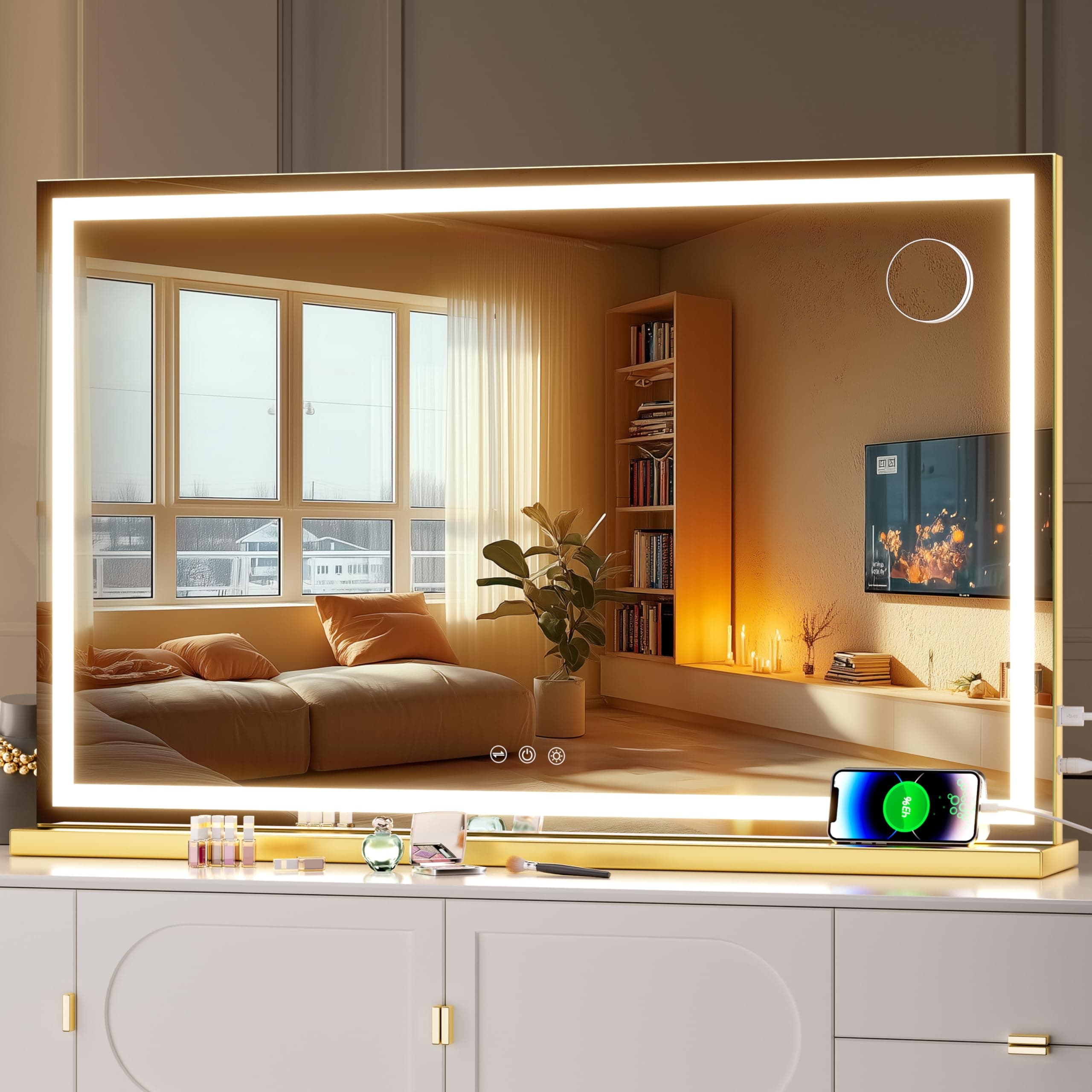 Hasipu Vanity Mirror with Lights, 80 x 50cm LED Makeup Mirror, Lighted Make up Mirrors with Dwith Touch Screen Control, 3 Dimmable Modes Square Gold