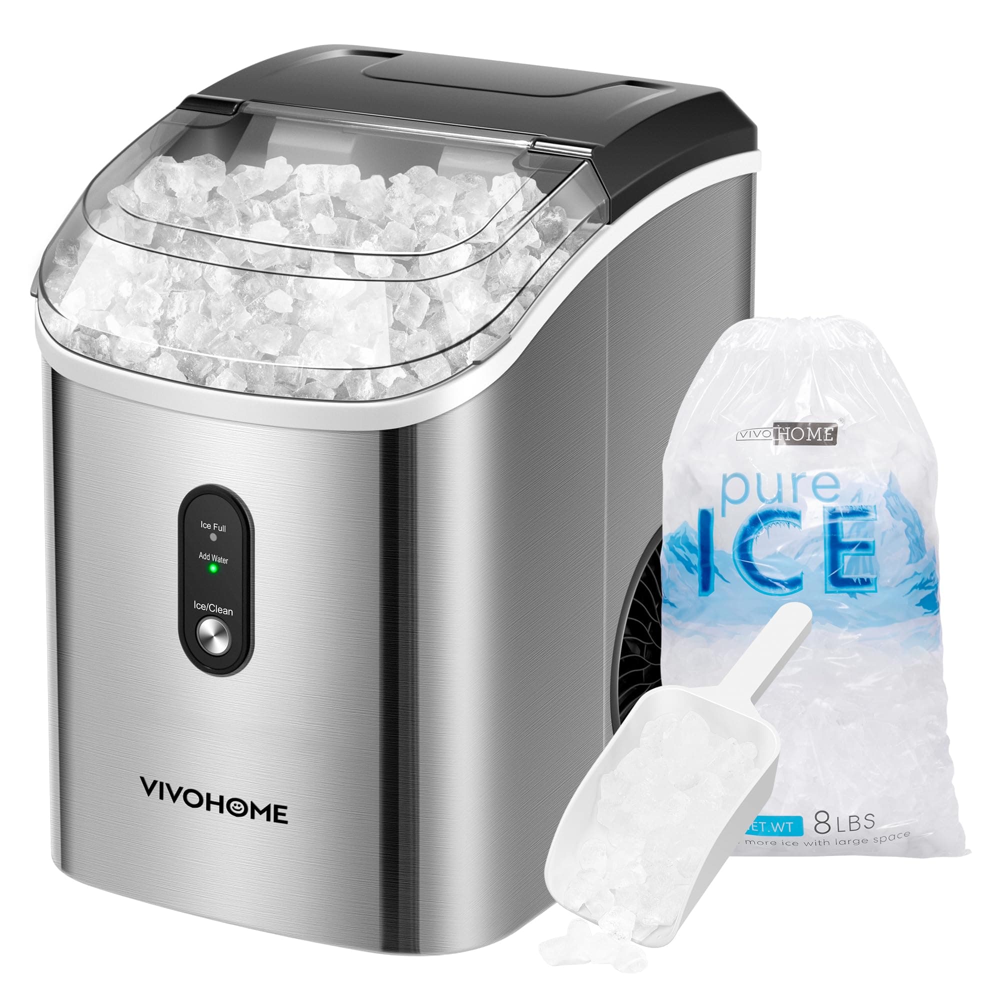 Electric Portable Compact Countertop Automatic Chewable Nugget Ice Cube Maker Machine with Hand Scoop 10 Ice Bags and Self Cleaning Function 33lbs/Day Silver