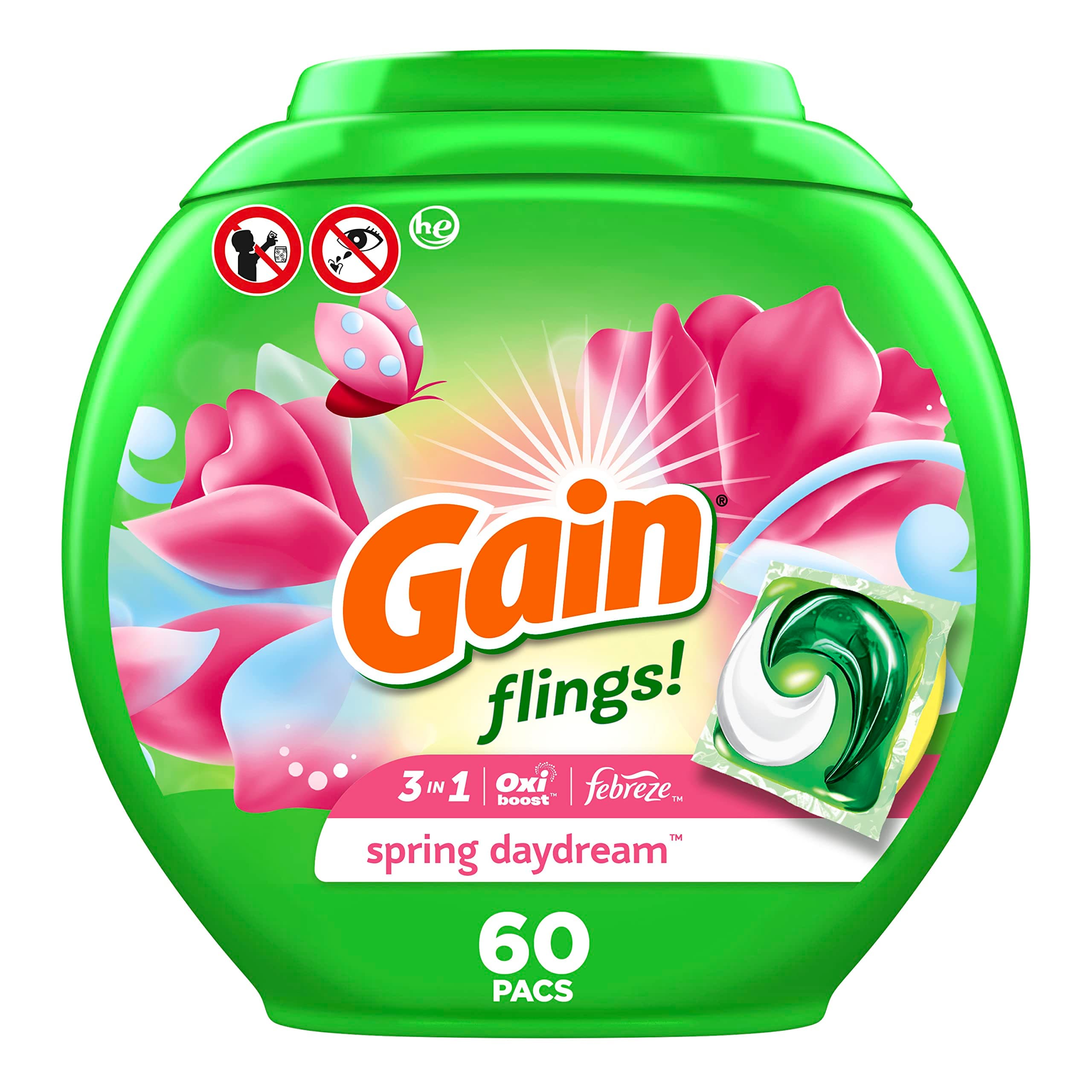 Gain Flings Laundry Detergent Pacs, 60 Count, Spring Daydream Scent, 3 in 1 HE Detergent Pacs with Oxi Boost and Febreeze
