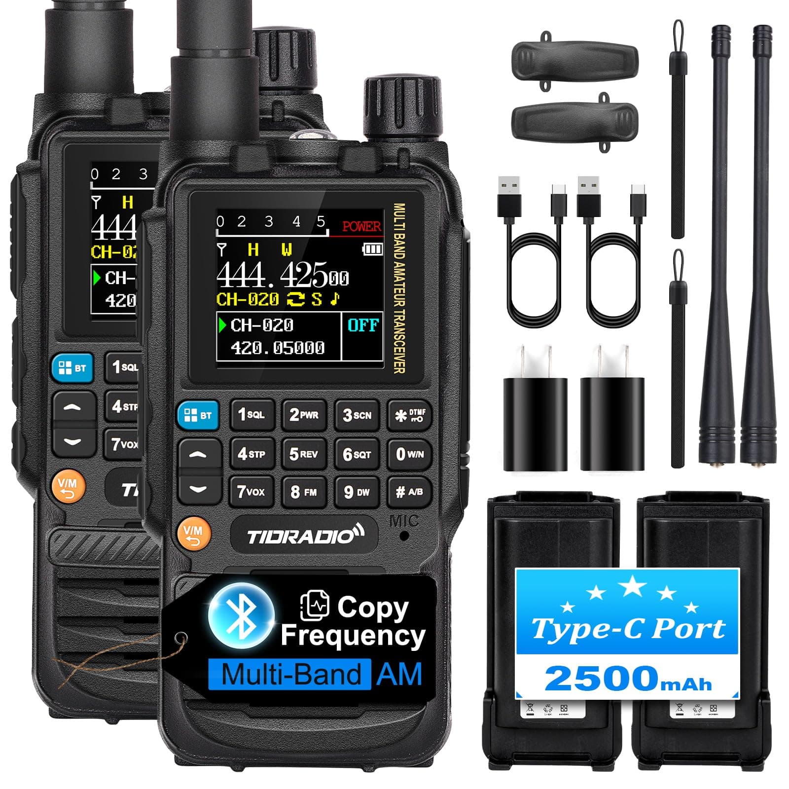 TIDRADIO TD-H3 GMRS Handheld Radio, USB-C Programming & Charging, Multi-Band Long Range Walkie Walkies with GMRS Repeater Capable, 2500mAh Rechargeable Battery, DTMF FM AM NOAA 2Pack