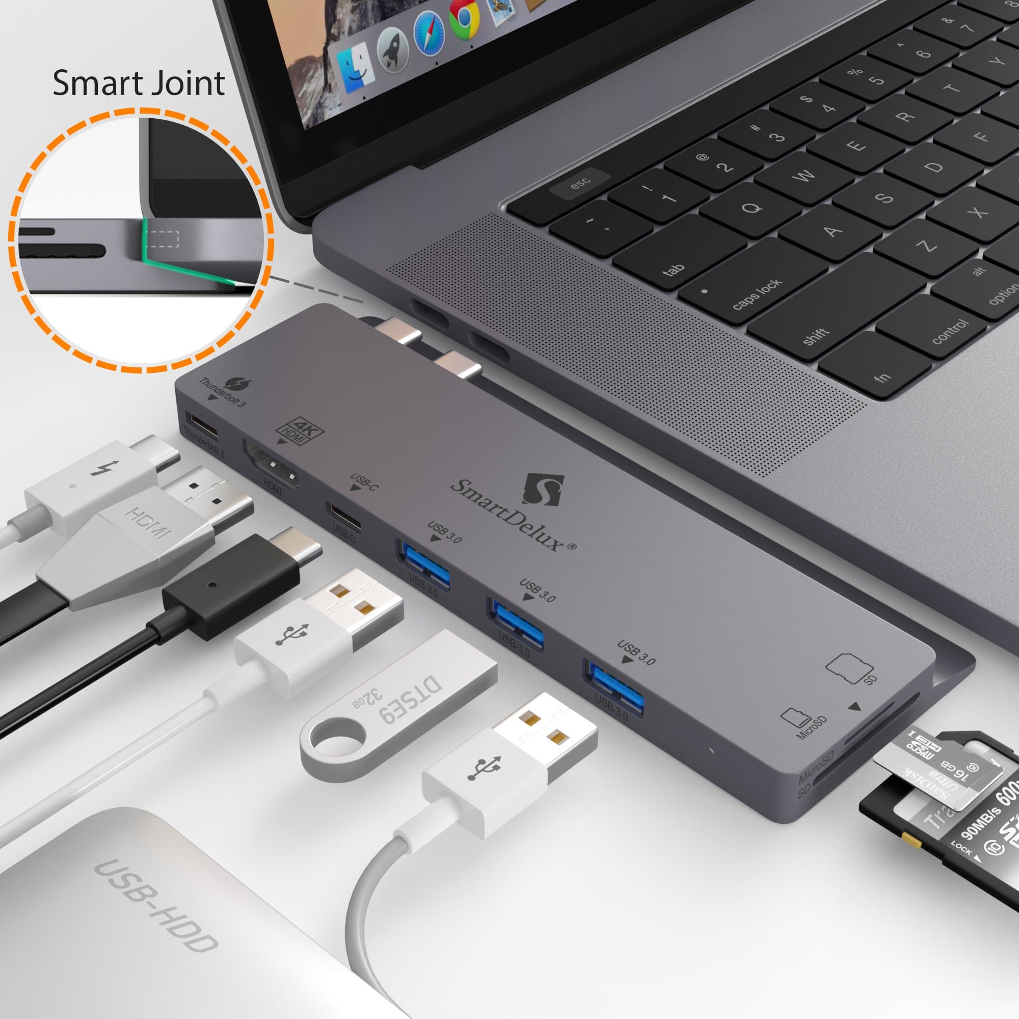 SmartDelux USB C Hub Adapter - 8-in-1 USB-C Hub for MacBook Pro 2016/2018 13"&15" - Thunderbolt 3, 4K HDMI Port, USB-C Port, 3 USB 3.0 Ports, SD & Micro SD Card Readers - USB-C-Hub & Case