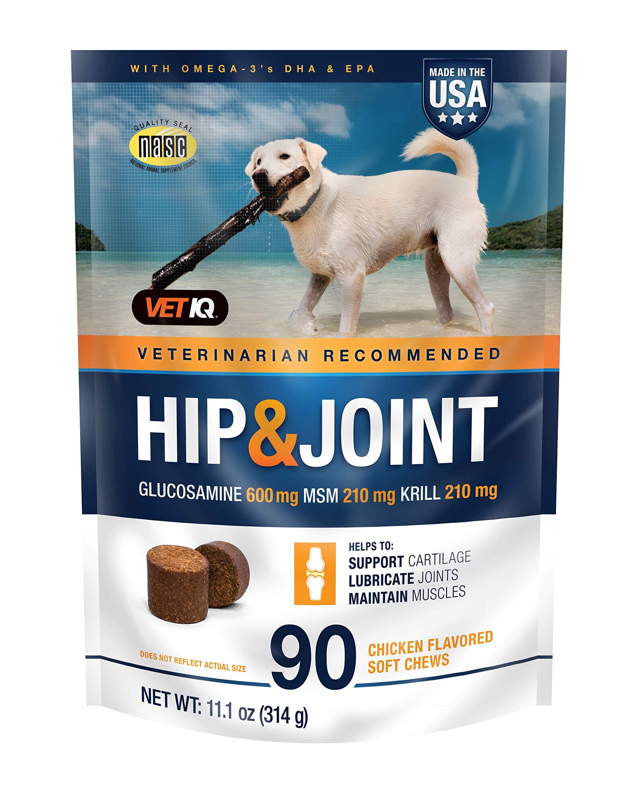 Hip & Joint Supplement for Dogs, Anti Inflammatory Joint Support, Glucosamine, MSM, and Krill, Chicken Flavored Soft Chews, 90 Count
