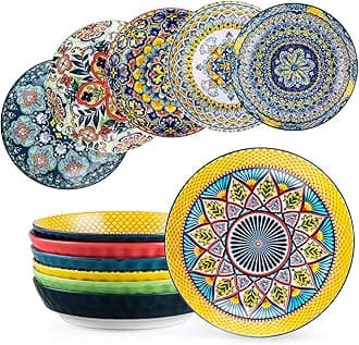 HENXFEN LEAD Pasta Salad Bowls Set of 6, Wide and Shallow Serving Bowls for Kitchen 32 Oz - 8 Inch Porcelain Soup Bowl, Pasta Plates Dishwasher & Microwave Safe - Bohemian style