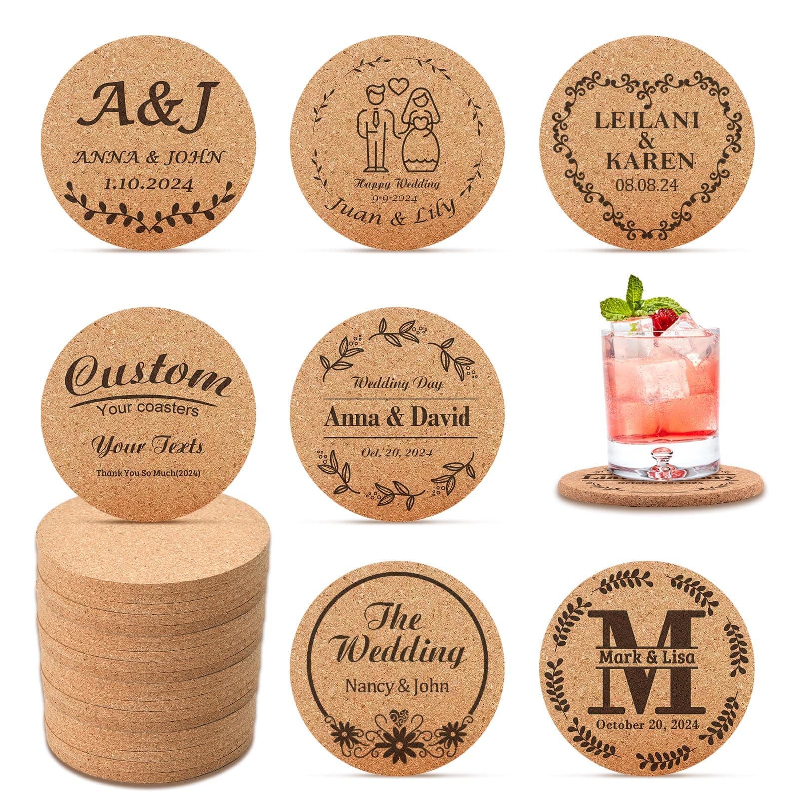 Personalized Cork Coasters Bulk Wedding Favors for Guests Engraved Custom Coasters for Drinks Non-Slip Heat-Resistant Business Promotional Items (Design 5)