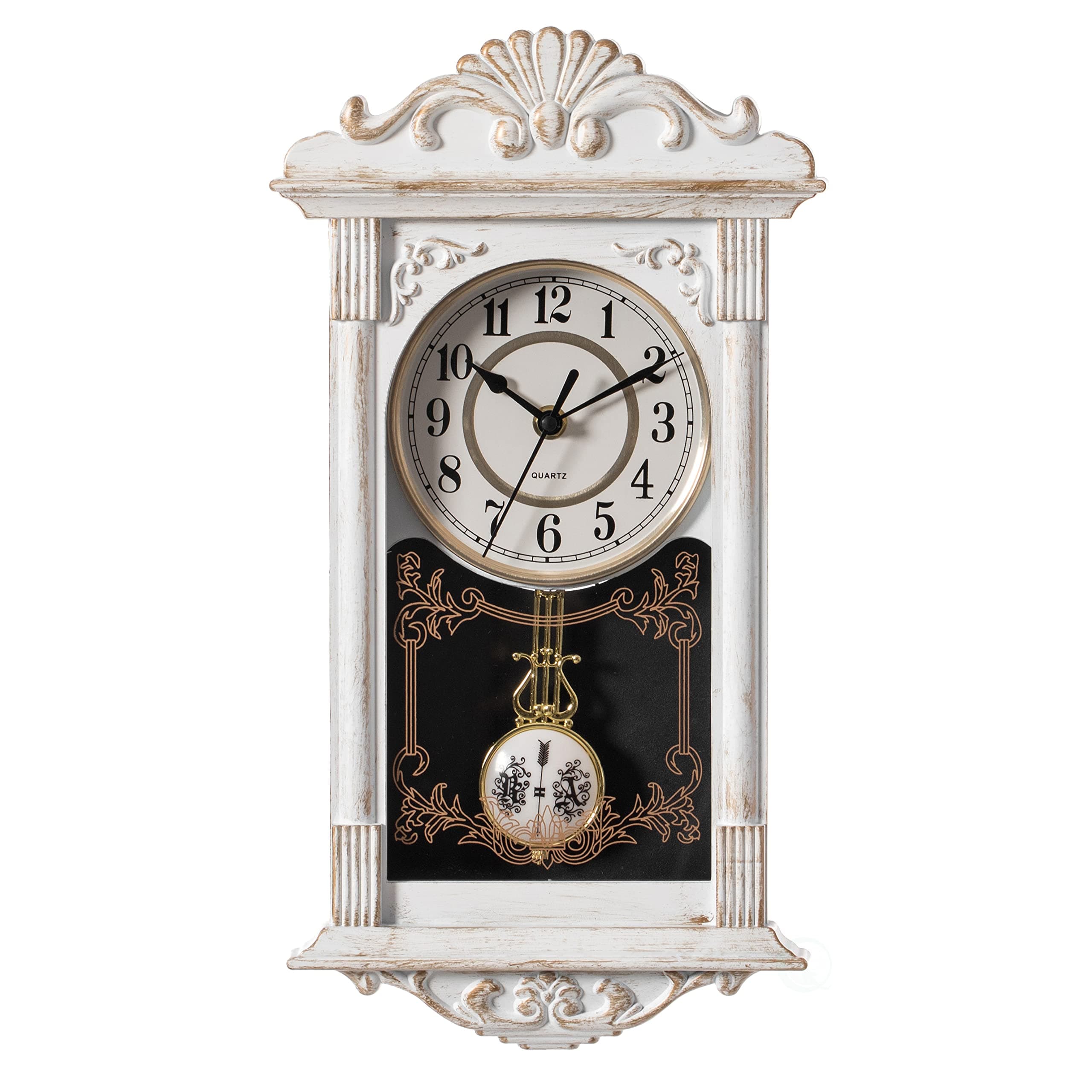 Clockswise Vintage Grandfather-Style Wall Clock with Wood-Effect Plastic Pendulum Battery-Operated for Home Decor Living Room Home Office Kitchen or Dining Room (White, 16 Inch)