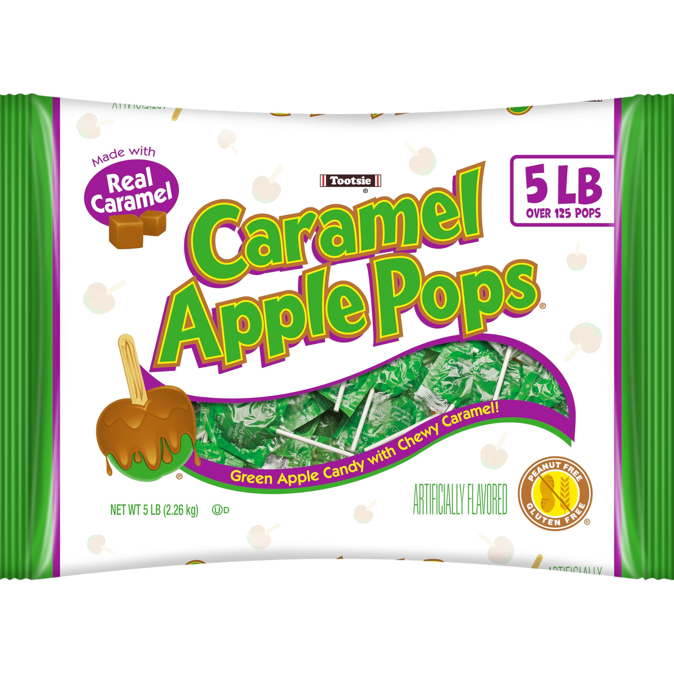 Tootsie Roll Caramel Apple Pops - Caramel Covered Green Apple Candy Lollipops - Bulk Gluten Free Candy - 5 Pound Bag of Caramel Apple Suckers,125 pieces