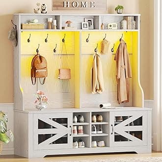 Itaar Hall Tree with Bench and Shoe Storage, 5-in-1 Entryway Bench with Coat Rack, 16 Shoe Cubbies & 12 Coat Hooks, Barn Door & Adjustable Shelf (Embossed White)