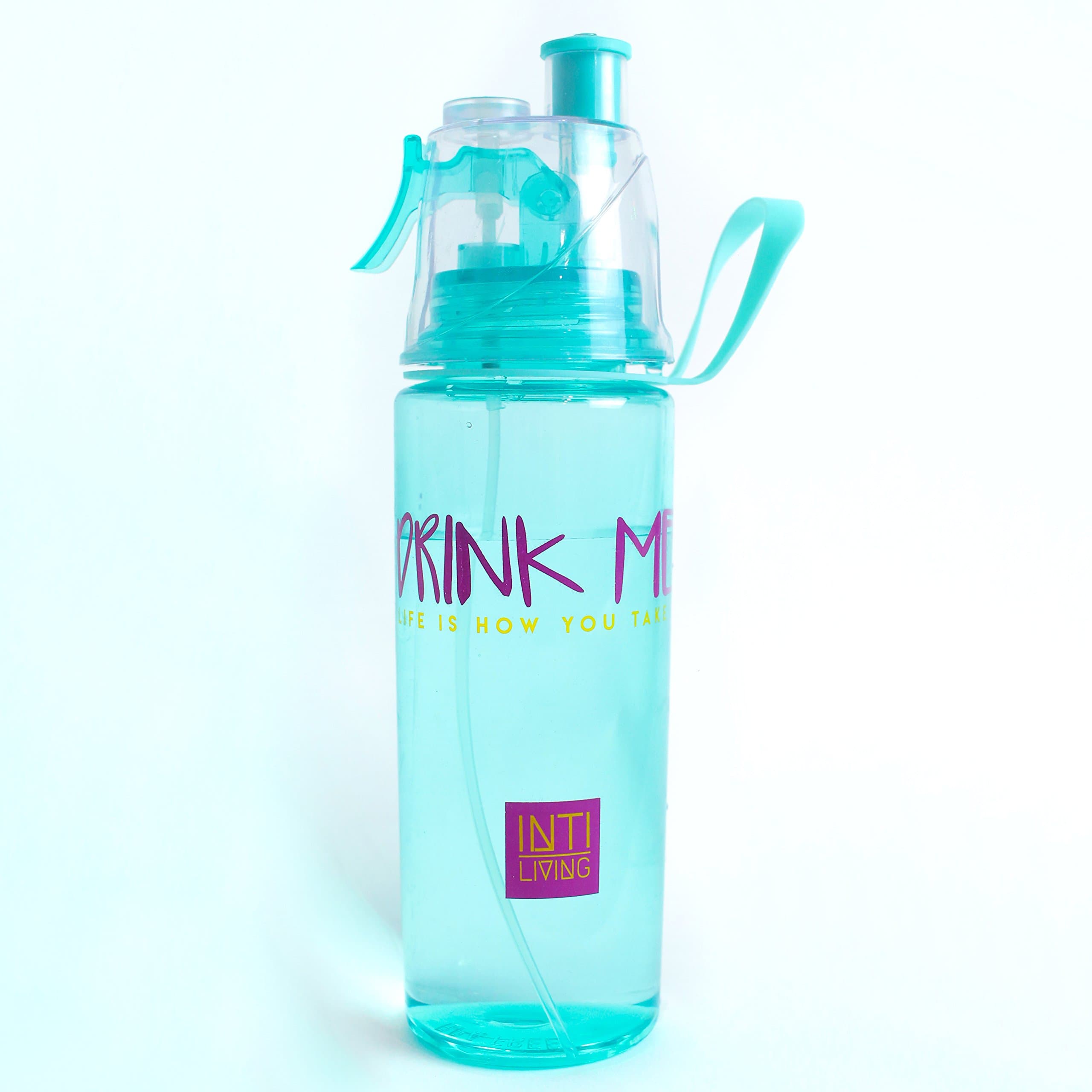 INTI LIVING Water bottle with spray mist for hydration, moisturize and motivation! DRINK ME design. BPA FREE! Cool gadget for workouts, gym, beach, camping, office, car, biking and more!
