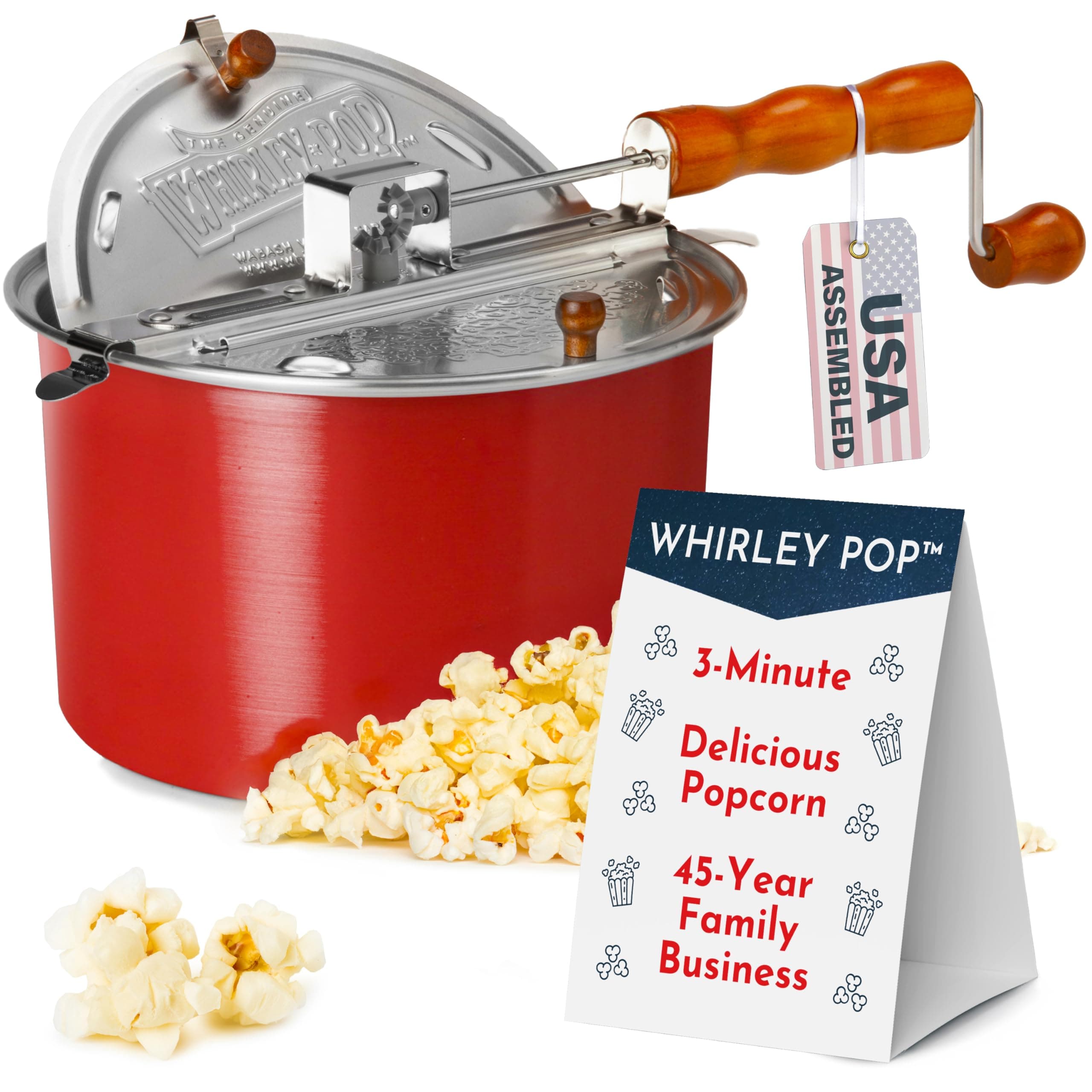 Original Whirley Pop Popcorn Machine – 3-Minute Stovetop Popcorn Maker, Home Movie Night, Movie Snacks, Game Night Snacks – Wabash Valley Farms - Aluminum Pot With Nylon Gears – (Red)
