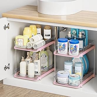 Delamu 2-Tier Multi-Purpose Bathroom Under Sink Organizers and Storage, Stackable Kitchen Pantry Organization, Pull Out Medicine Cabinet Organizer with Movable Dividers, Pink, 2 Pack