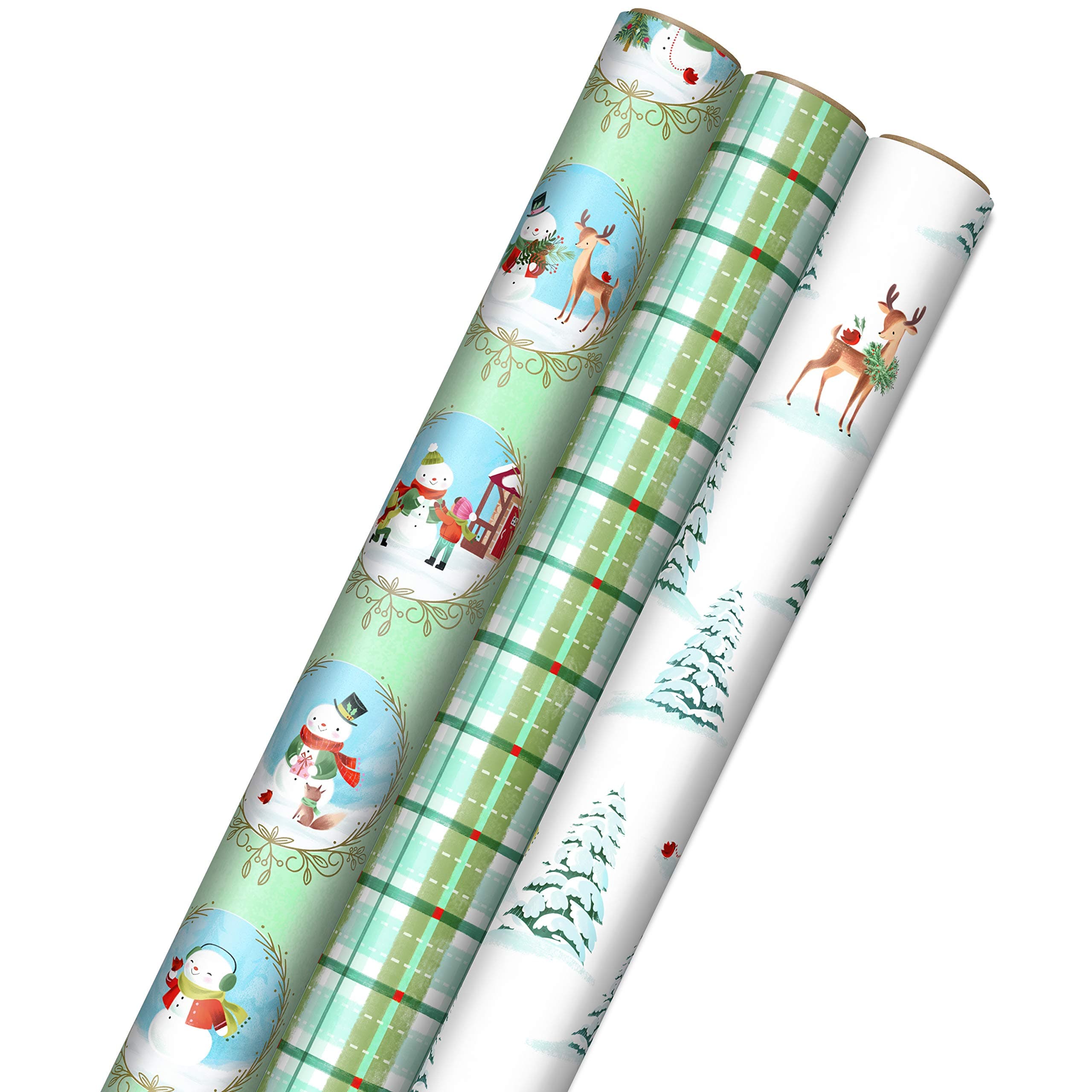 Hallmark Christmas Wrapping Paper Rolls, Holiday Gift Wrap (Pack of 3: 120 sq. ft. ttl) Storybook Critters, Snowmen, Green and Blue Plaid