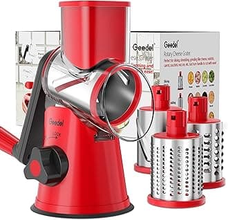Geedel Rotary Cheese Grater, Kitchen Mandoline Vegetable Slicer with 3 Interchangeable Blades, Easy to Clean Grater for Fruit, Vegetables, Nuts
