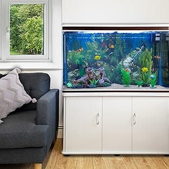 MonsterShop Large 4ft 300L 65 Gal Aquarium - Marine & Freshwater. White Cabinet Stand. Gravel. Filter, Air Pump, Heater, LED Light & Accessories