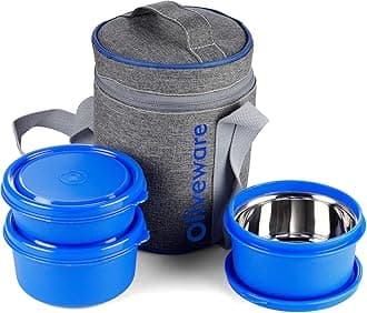 SOPL-OLIVEWARE Monarch Lunch Box with Bag, Microwave Safe & Leak Proof, 3 Inside Steel Containers & BPA Free Airtight Lids (290ml, 450ml & 450ml), Fabric Bag - Blue