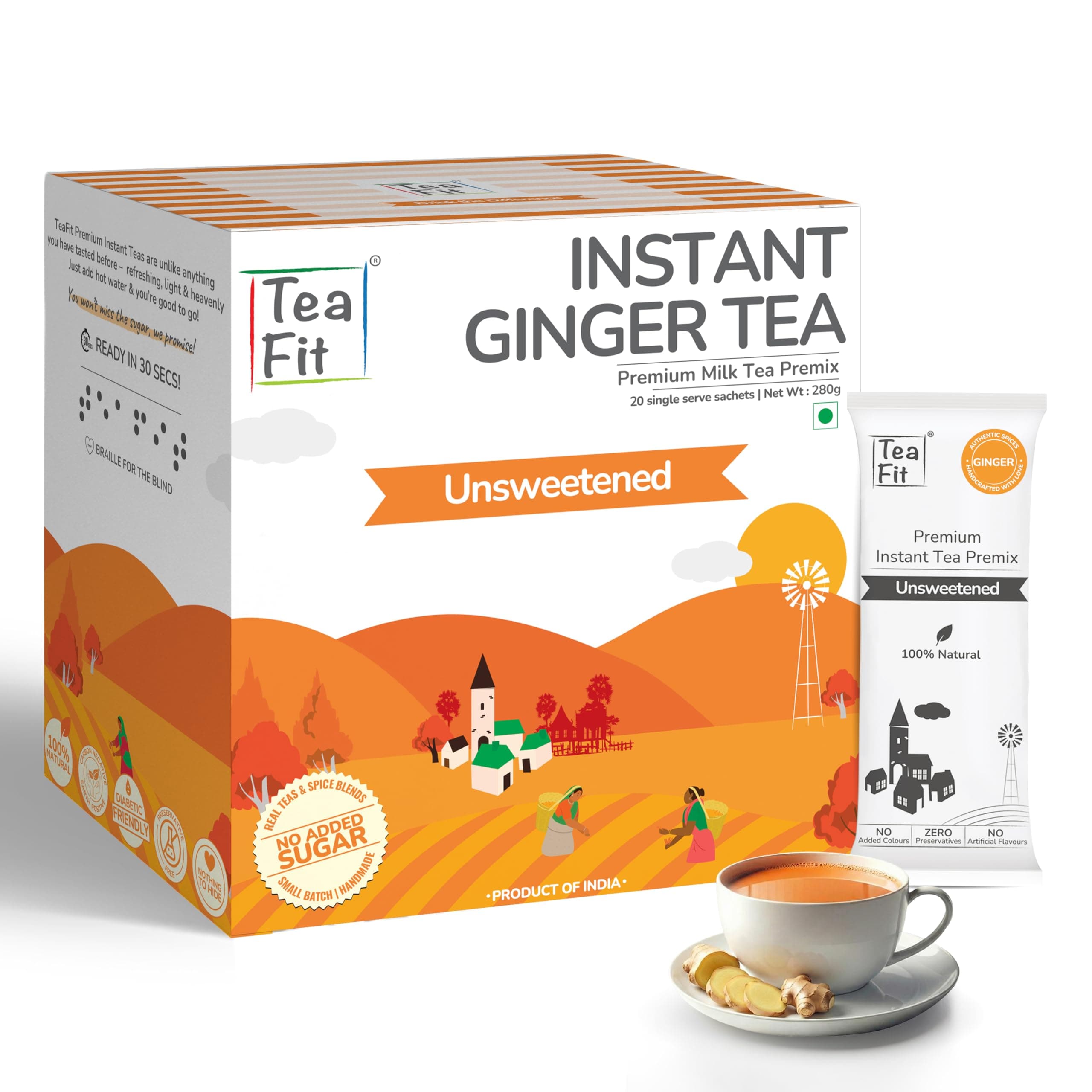 TeaFit NO SUGAR Instant Ginger Tea Premix (Pack of 20 Sachets) | Kadak Ginger Adrak Chai | Immunity Boosting Ayurvedic Tea | Sugar Free Chai | Diabetic Friendly | Healthy Daily Wellness
