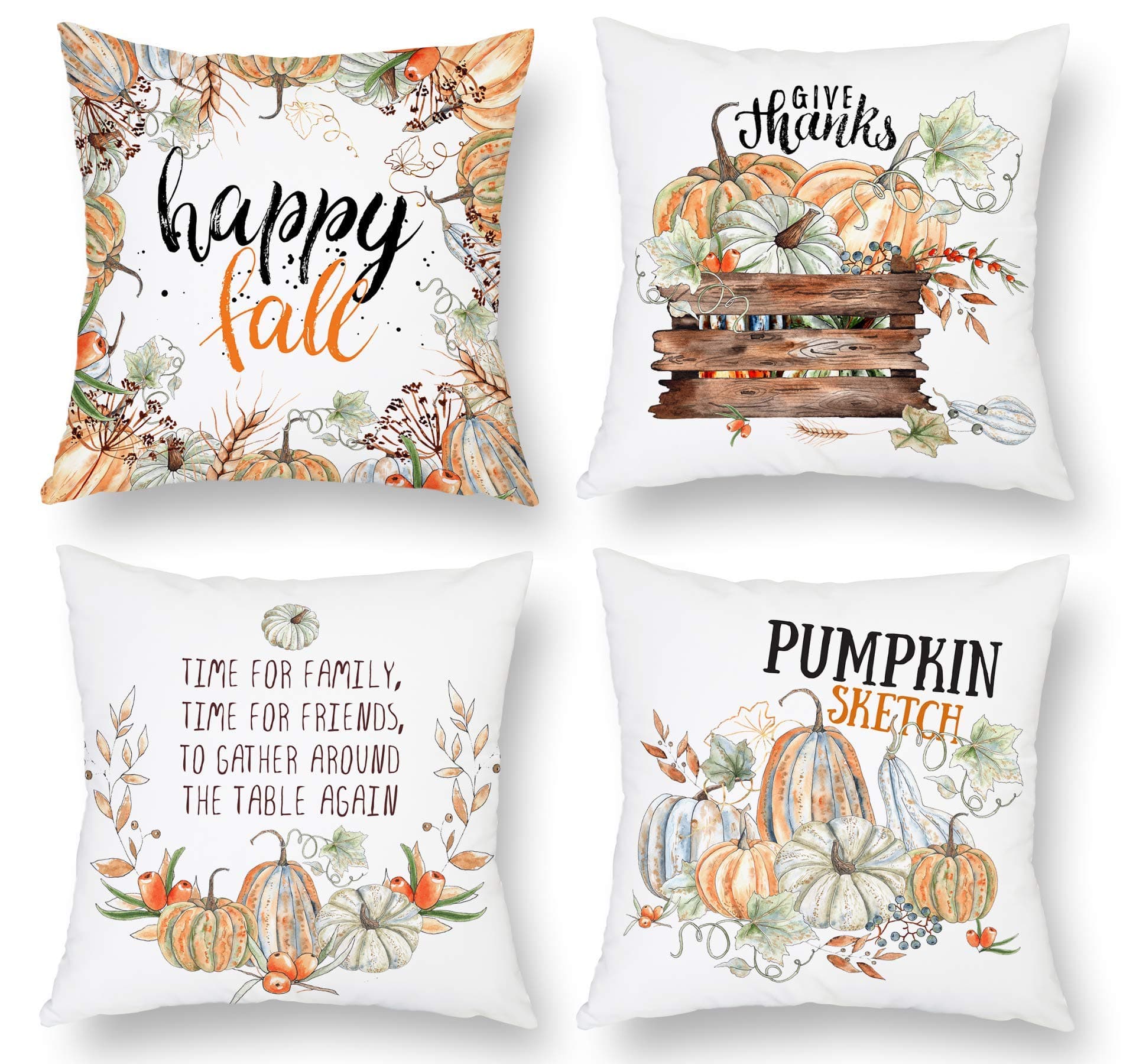 BLUETTEK Fall Pillow Covers Set of 4 18 x 18 Inch, Happy Thanksgiving Day Pumpkin Throw Pillows, Autumn Farmhouse Harvest Maple Leaves Cushion Cases