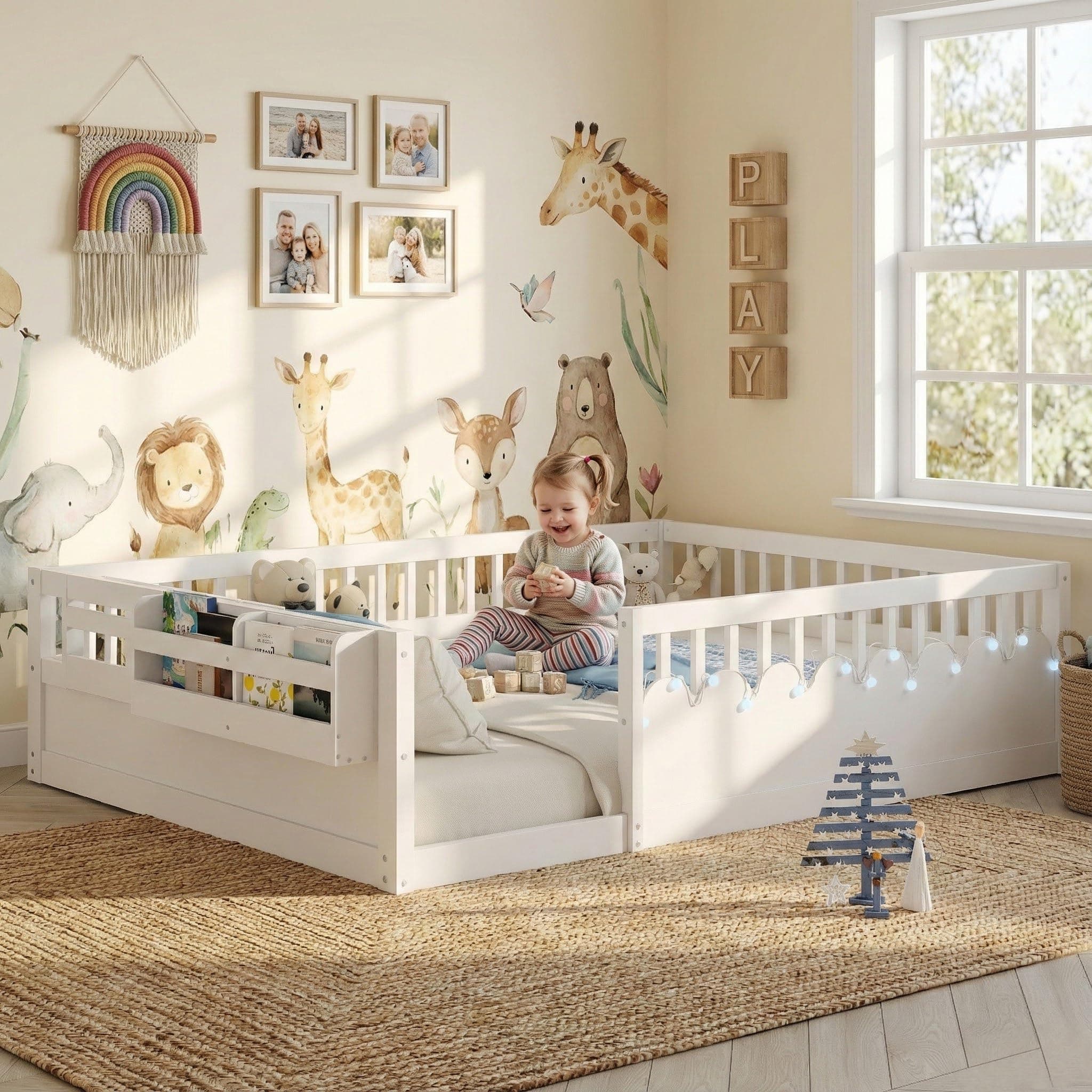 Montessori Floor Bed with High Rails,Full Size Floor Bed Frame for Kids, LED Lights & Storage Shelf, Safe & Wider Opening Gate Design, Playground & Sleep Space for Girls Boys,White