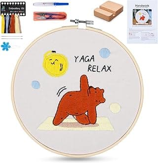 BERYA Bear Embroidery Starter Kit, Adults Starter DIY Needlepoint Kits with Instruction and Video, Embroidery Hoops,Display Stand,Threader,Color Threads and Needles - Perfect for Beginners