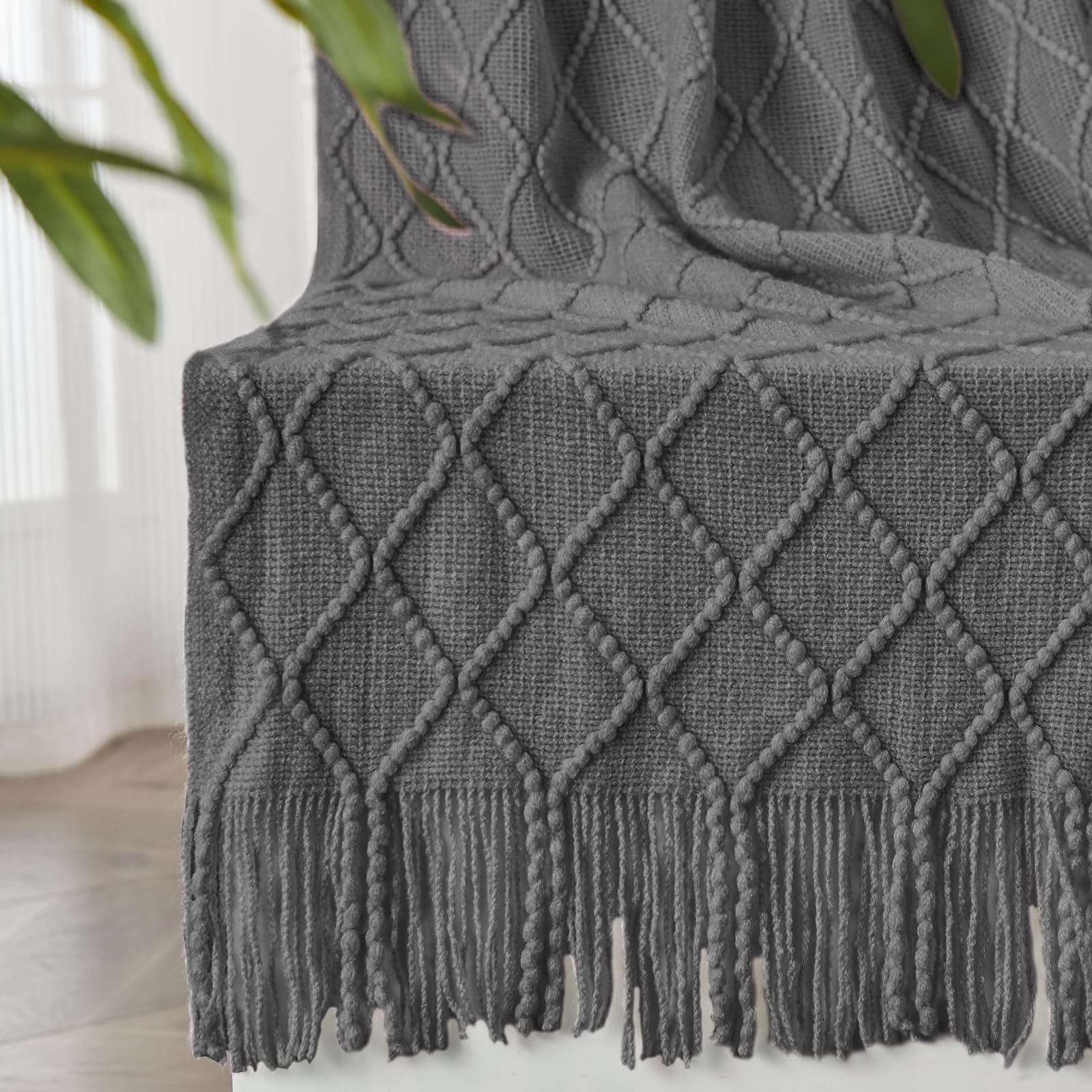 inhand Knitted Throw Blankets for Couch and Bed, Soft Cozy Knit Blanket with Tassel, Dark Grey Lightweight Decorative Blankets and Throws, Farmhouse Warm Woven Blanket for Men and Women, 60"x80"