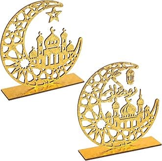 2 Pieces Wood Ramadan Decorations Islamic Eid Mubarak Kareem Table Sign Moon Hollow Star Ornament for Muslim Party Tabletop Decor Home Art Craft Decoration Golden Moon