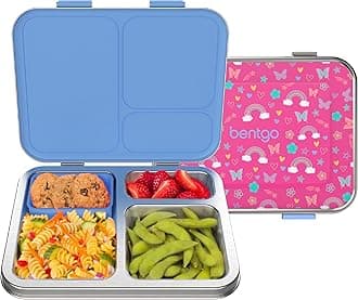 Kids Stainless Steel Prints Leak-Resistant Lunch Box - Bento-Style with Updated Latches, 3 Compartments & Bonus Container - Eco-Friendly, Dishwasher Safe, BPA-Free (Rainbows & Butterflies)